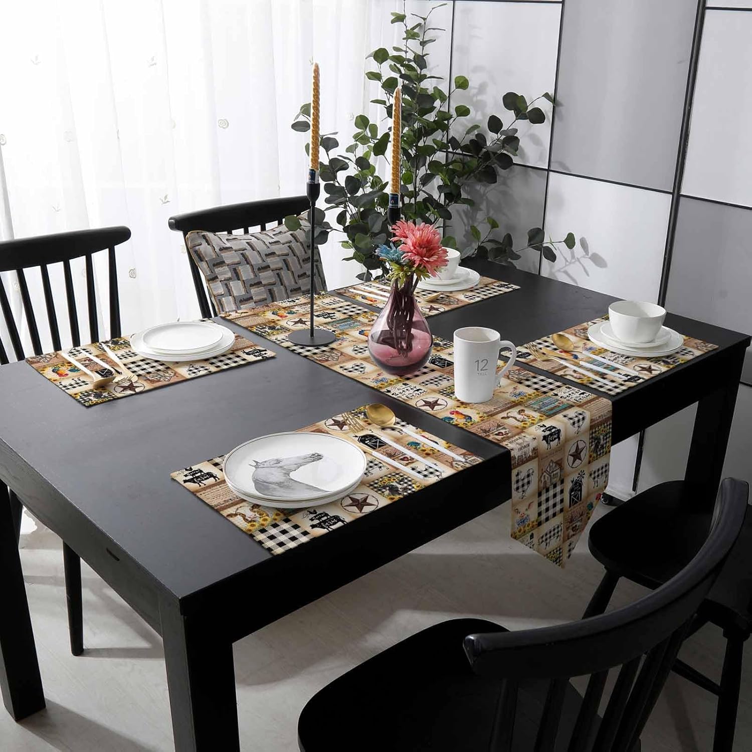 Savannan Burlap Placemat with Compatible Table Runner, Farm Animal Barn Cow Pig Chicken Sunflower Vintage Buffalo Check Kitchen Placemat Set for Holiday Birthday Party (6pcs placemats + Table Runner)