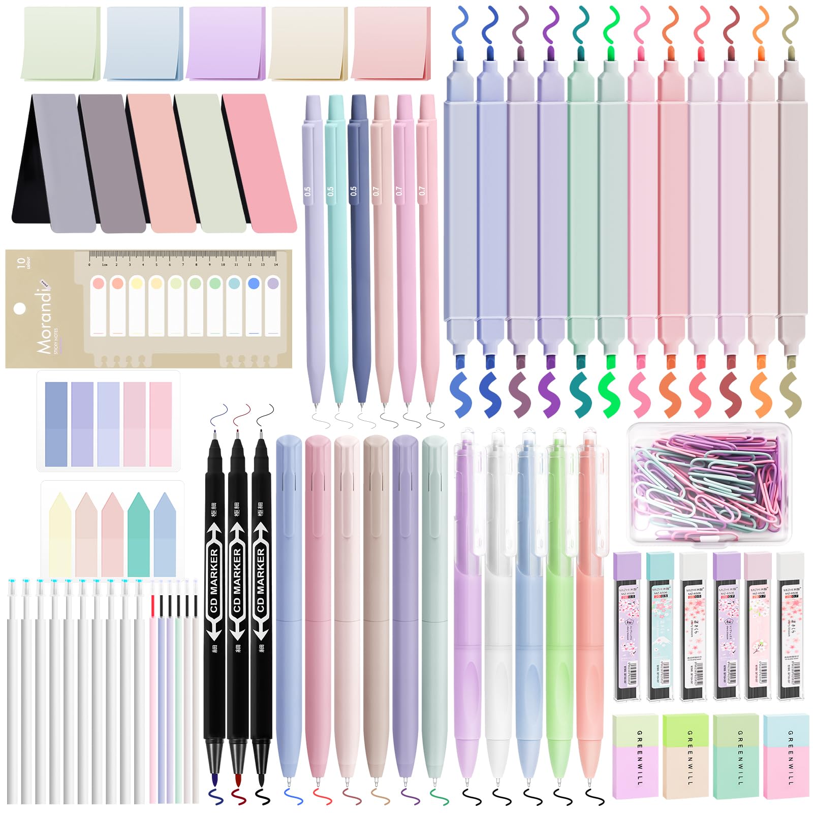 Motipuns Schulbedarf-Set – 84 Teile: Federmäppchen, Textmarker, Gelstifte & Druckbleistifte In Pastell