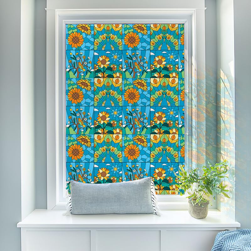 Folia okienna witrażowa matowa wielokolorowa słonecznikowa, zapewniająca prywatność, w wielu rozmiarach(W 23.6" x L 39.4" (1 Panels))