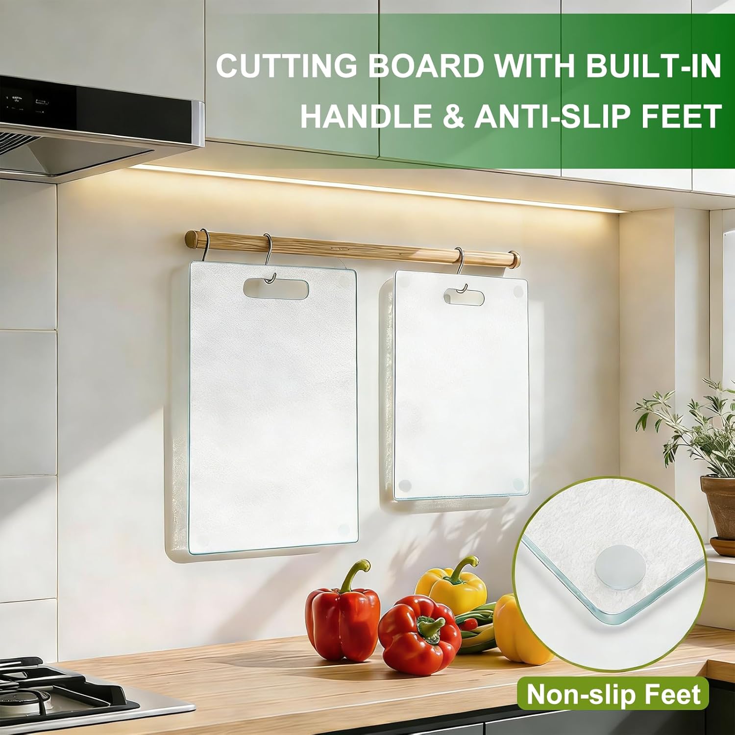 Tempered Glass Cutting Board with Handle, 2PCS Frosted Glass Cutting Board for kitchen counter, Non Toxic, Plastic Free, Scratch Resistant, Dishwasher Safe, Easy to Clean(16"x12"&12"x8")