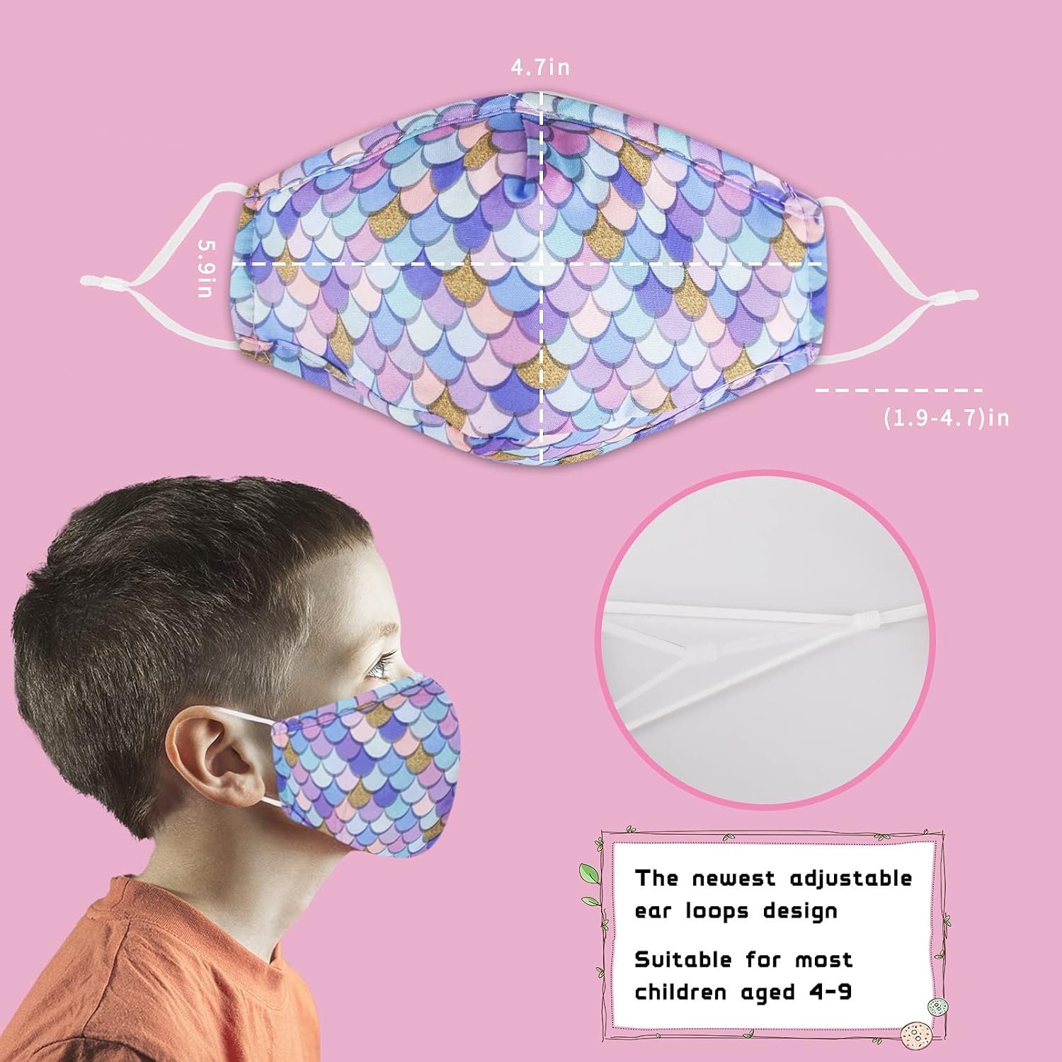 Washable Reusable Kids Face Mask with Adjustable Ear Loops for Girl Boy Gift