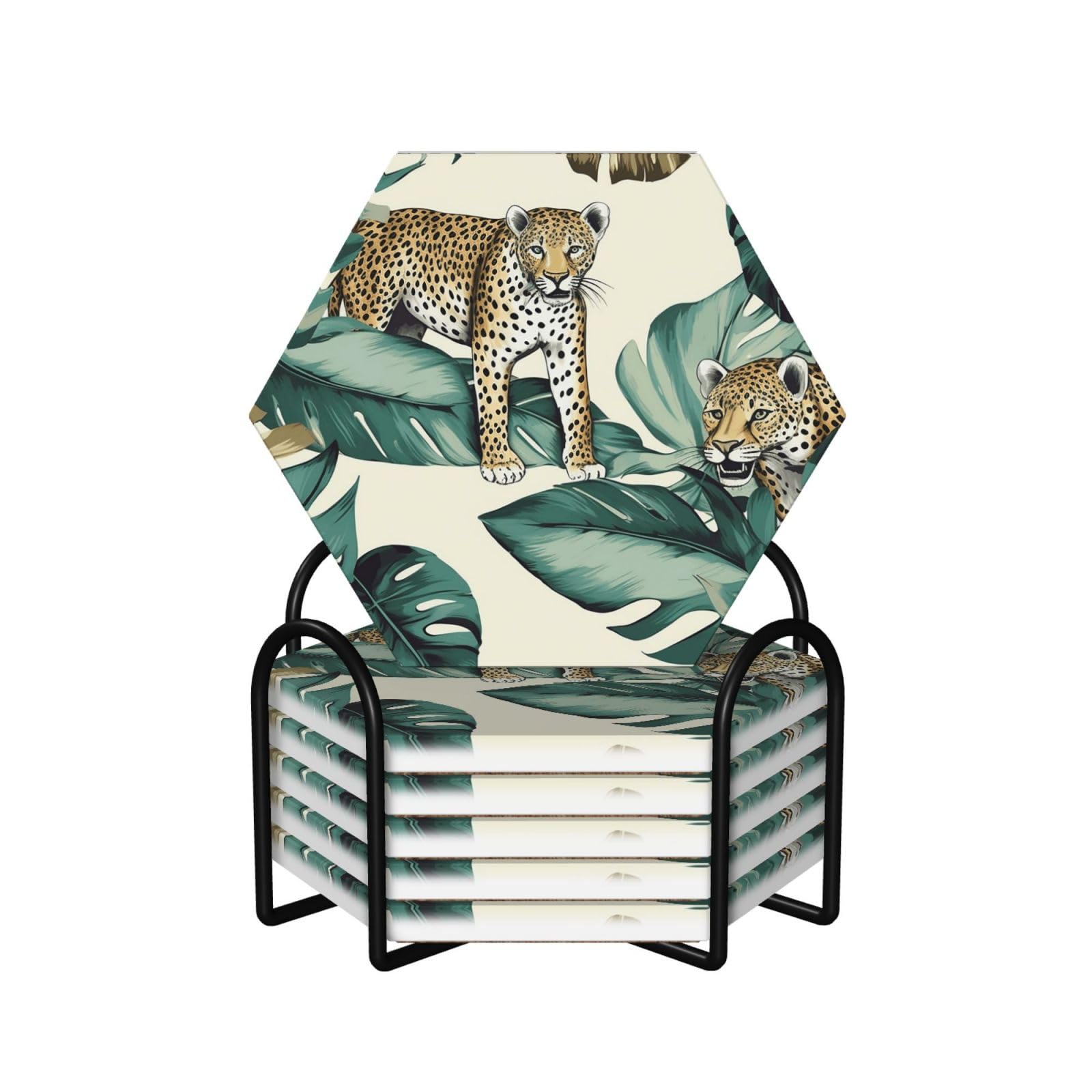 6Pcs Ceramics Coaster for Drinks, Leopard and Palm Leaves Cup Coasters with Holder, Aesthetic Drink Coasters for Coffee Table, Absorbent Round Coaster for Tabletop Protection 4" Cup Mat Pad
