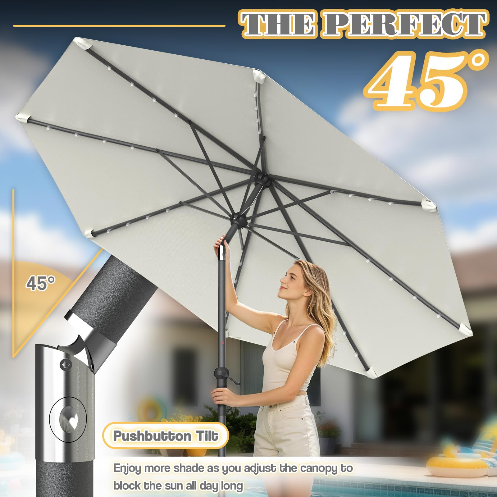 Sonnenschirm mit Beleuchtung Solar, Kleiner Balkonschirm Kippbar 45° ohne Ständer Windfest UV-Schutz, Gartenschirm Marktschirm Terrassenschirm Kurbelschirm Sonnenschutz