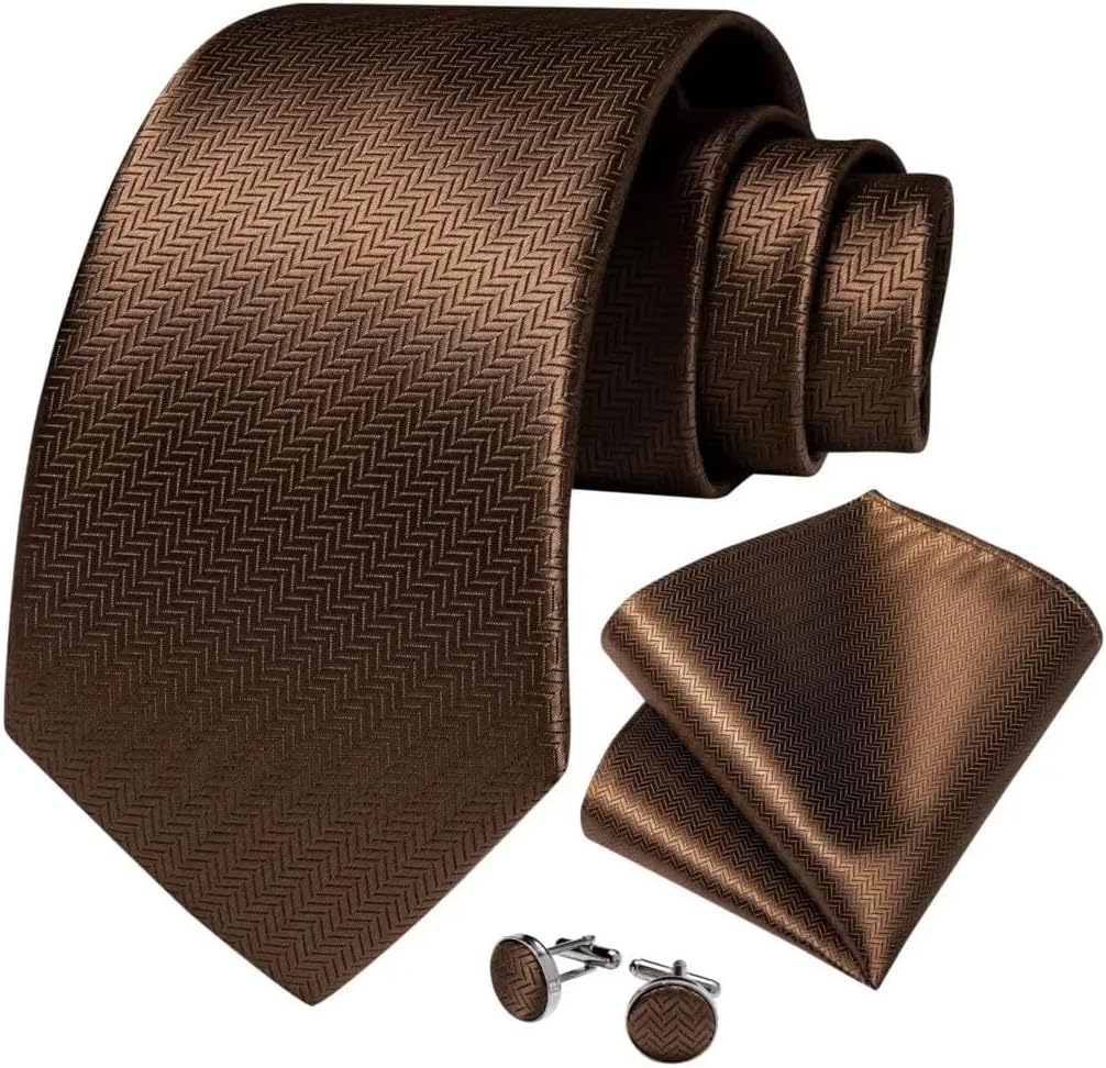 Solid Brown Gold Tie For Men Business Wedding Silk Neck Pocket Square Collar Wear Clip For