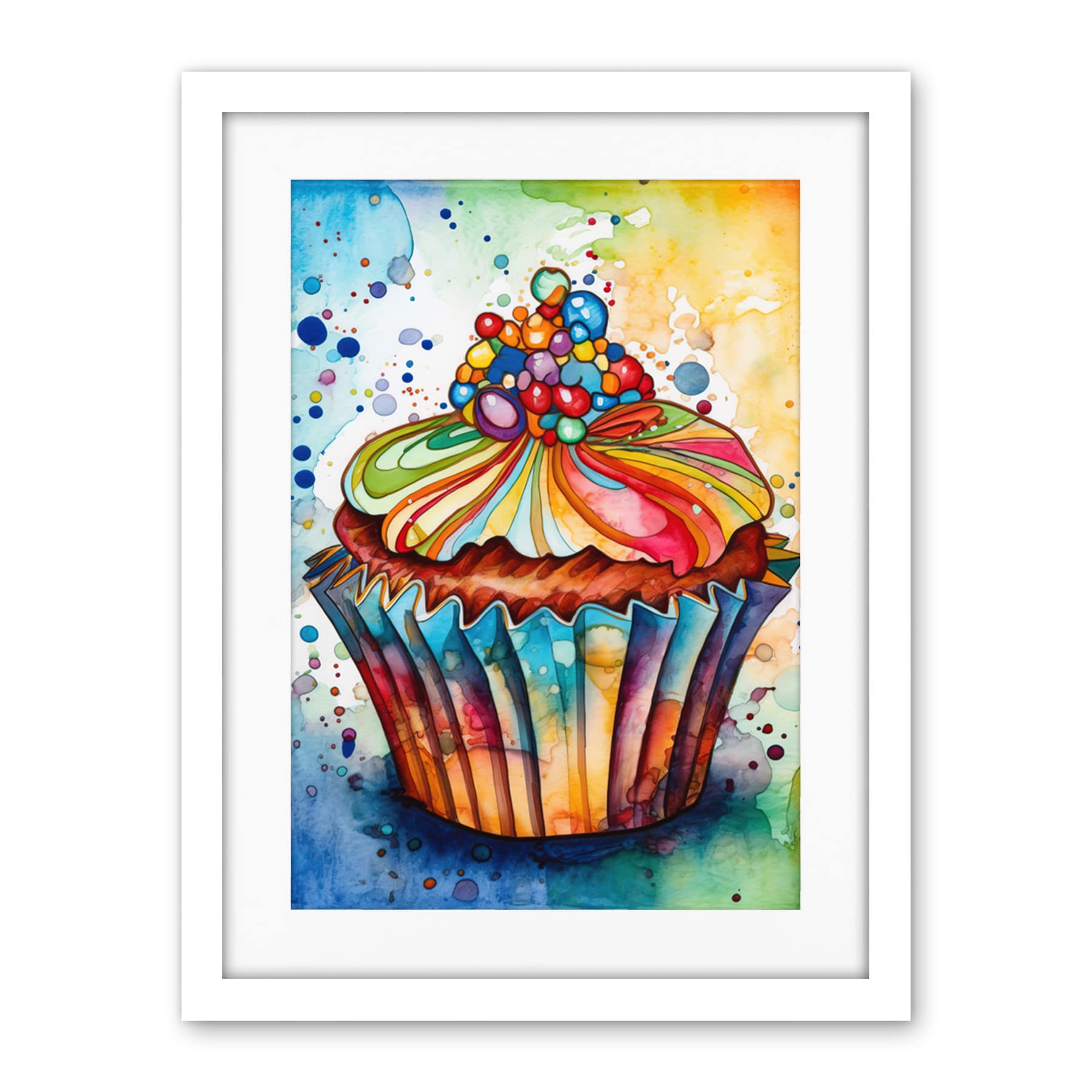 Artery8 Cupcake With Sprinkles Vibrant Watercolour Painting Artwork Framed Wall Art Print 18X24 Inch
