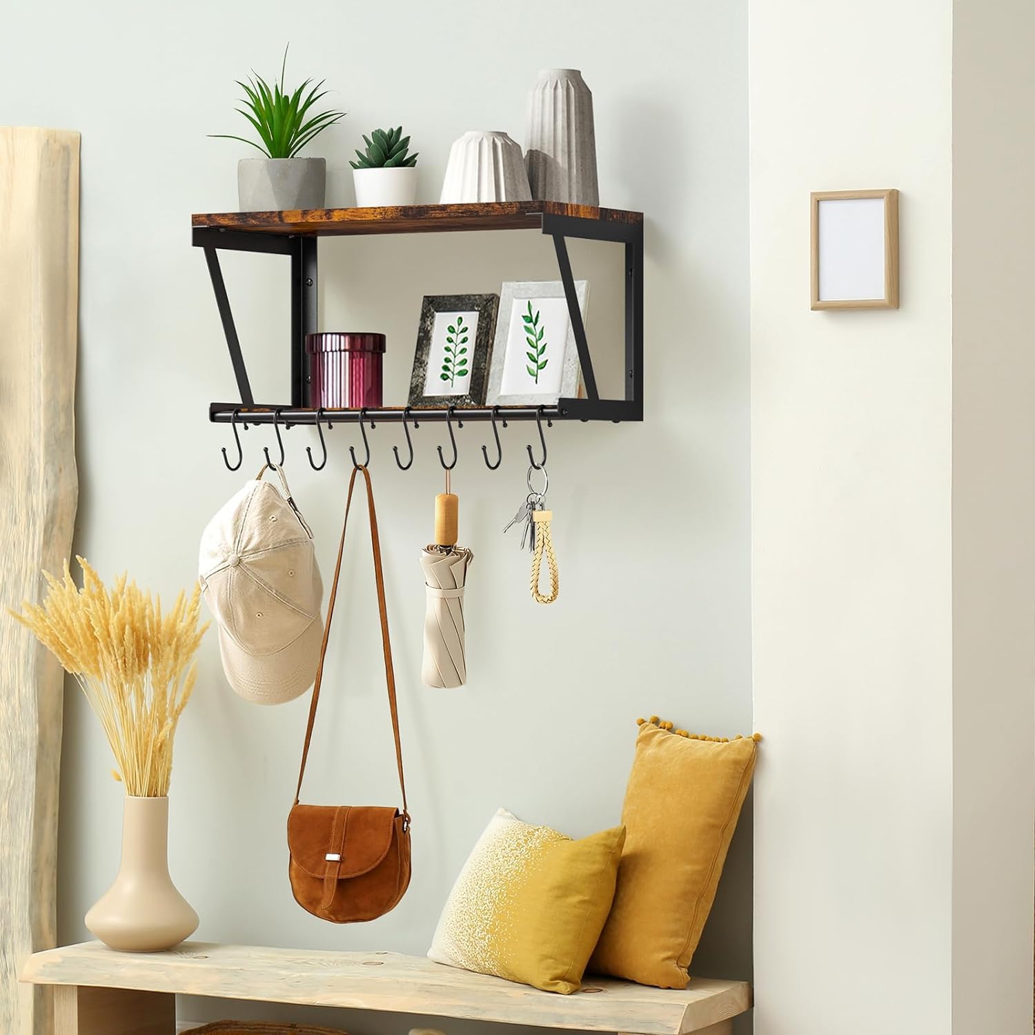 TJ.MOREE Koffiebar Planken Wandmontage met 8 Haken Koffiemok Houder Rack 2-Tier Rustieke Boerderij Hout Drijvende Planken voor Koffie Station Keuken Badkamer Opslag Organizer