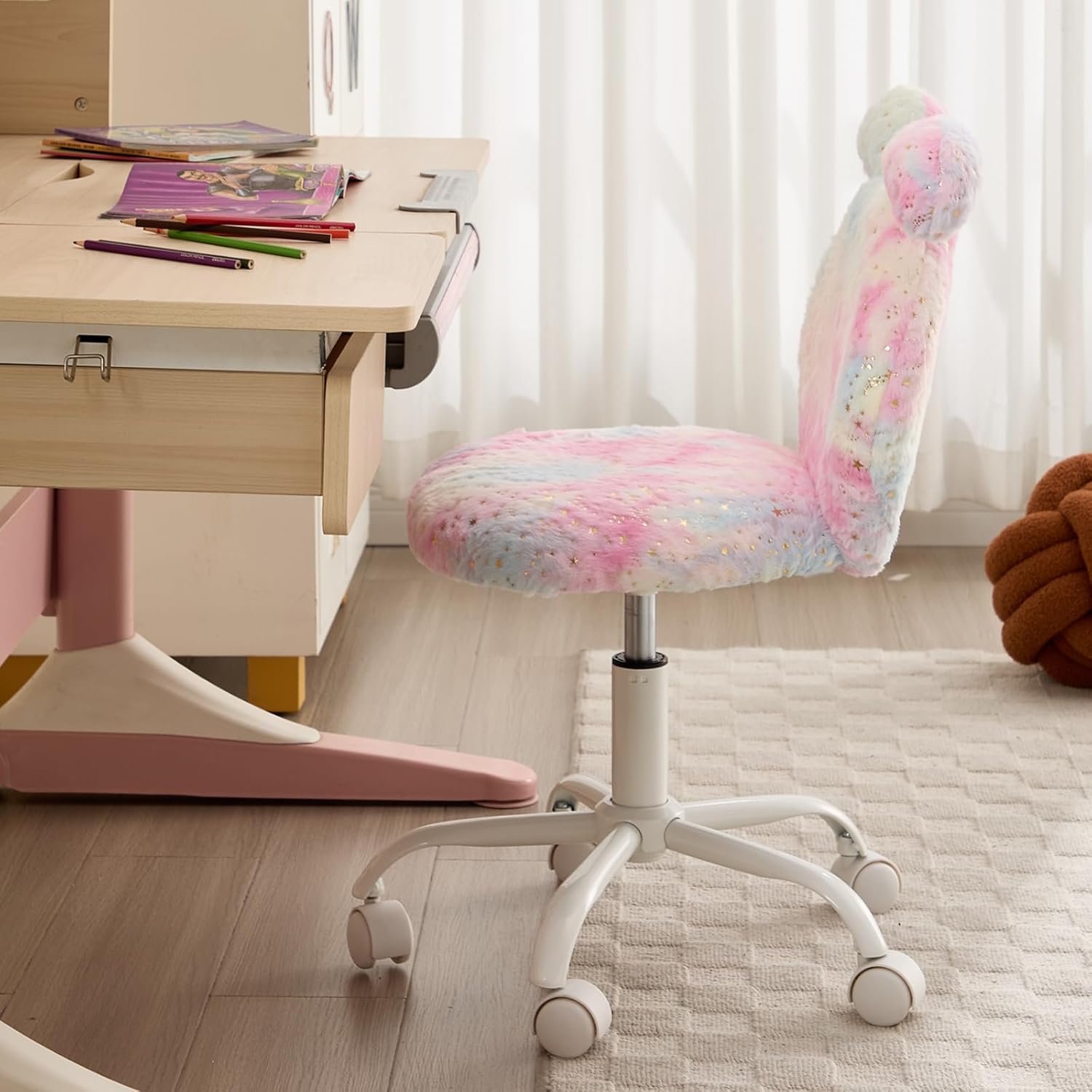 Kids Desk Chair, Desk Chair Comfy for 8-12, Cute Fluffy Office Chairs, Kids Computer Chairs, Adjustable Ergonomic Study Chair for Bedroom, Home, School, Dorm, Colorful Pink
