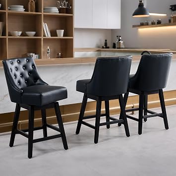 Vipbear Swivel Counter Height Bar Stools Set of 3, 26 inch Upholstered PU Leather Modern Bar Chairs with Backs and Wood Legs for Kitchen Island, Dining Room, Black