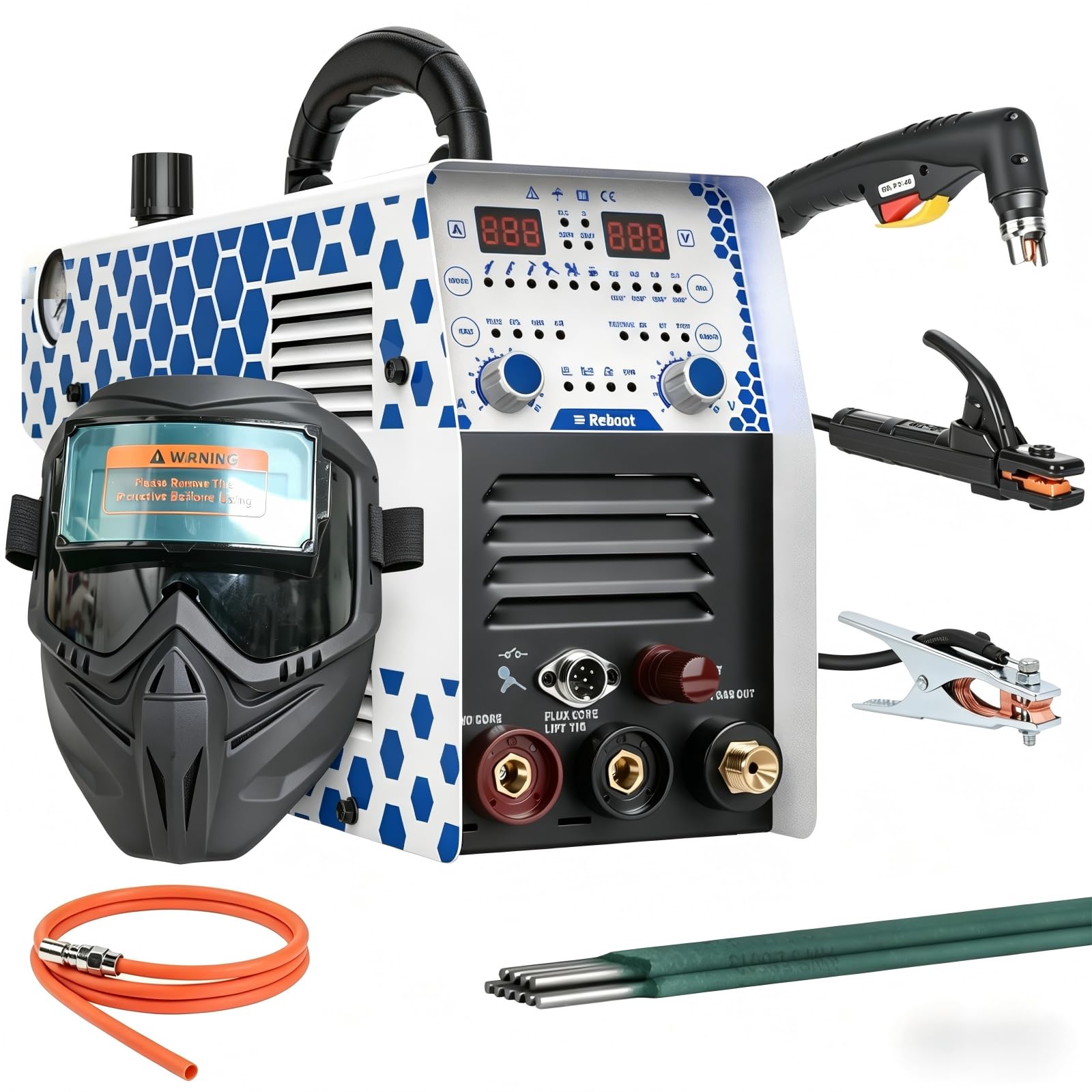 Reboot Cortadora Plasma y Soldadora 7 en 1 Combo - Corte Plasma 30A hasta 16mm, Doble Voltaje 120/240V, MMA/MIG/TIG/Puntos/Alu - para Taller Bricolaje, con Careta de Soldar Premium