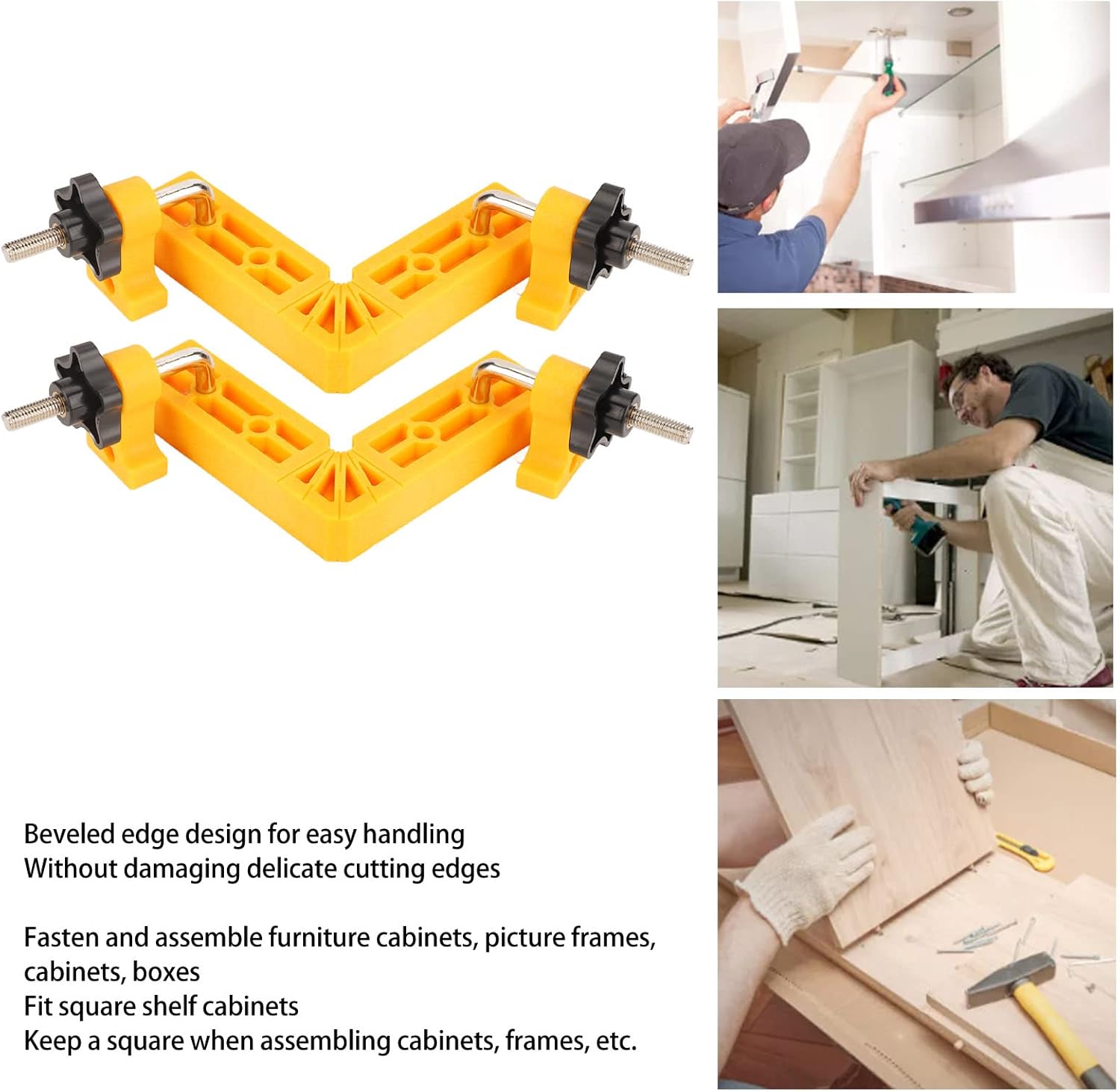 2Pcs 90 Degree Positioning Squares, Right Angle Fixing Clamp for Woodworking, ABS Carpenter Tool with Screws and Limit Blocks, 120mm (4-1/2in) for Cabinet Frame (Yellow)