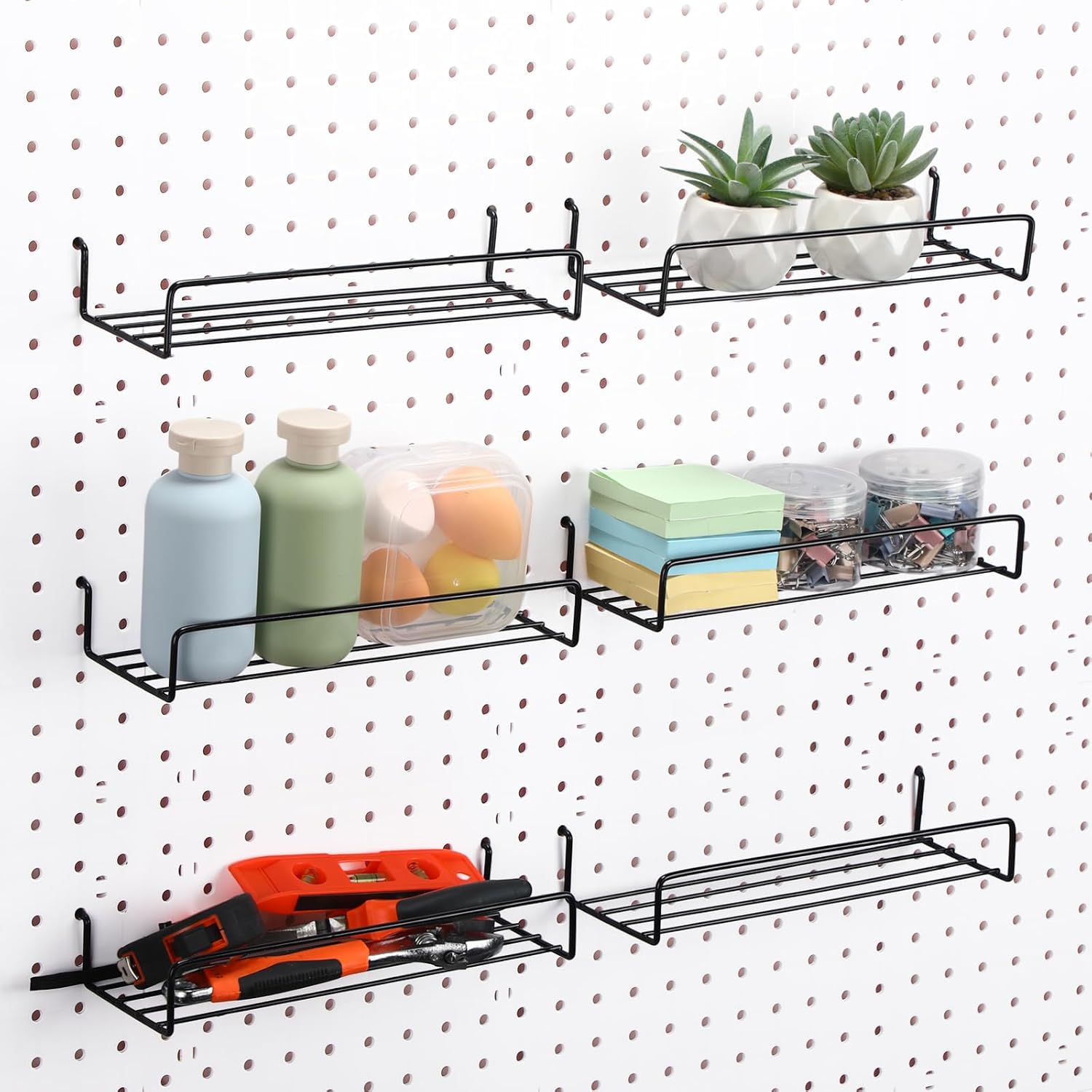 Wonderjune 6 Pack Pegboard Shelves 10 x 3.5 x 1.6 Inches Peg Board Hooks Racks Wall Iron Shelf Organizer Attachments Accessories Display for Organizing Various Tools for Home Garage Workbench Kitchen