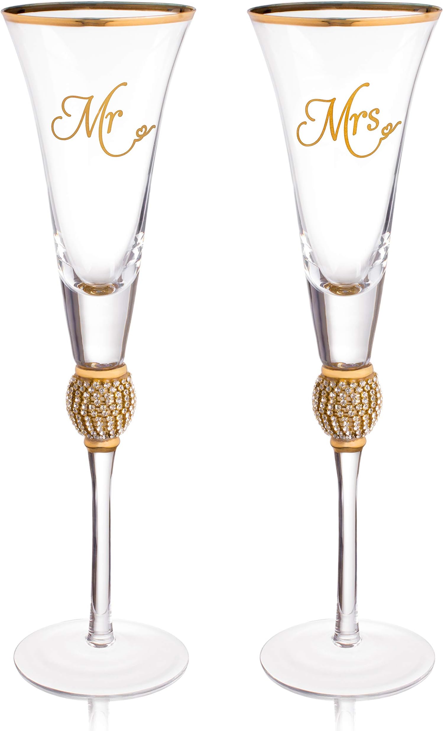 Trinkware Mr And Mrs Champagne Flute - Gold Rim, Rhinestone Studded - Wedding Gift Set of 2 (7 oz, 2 Count)