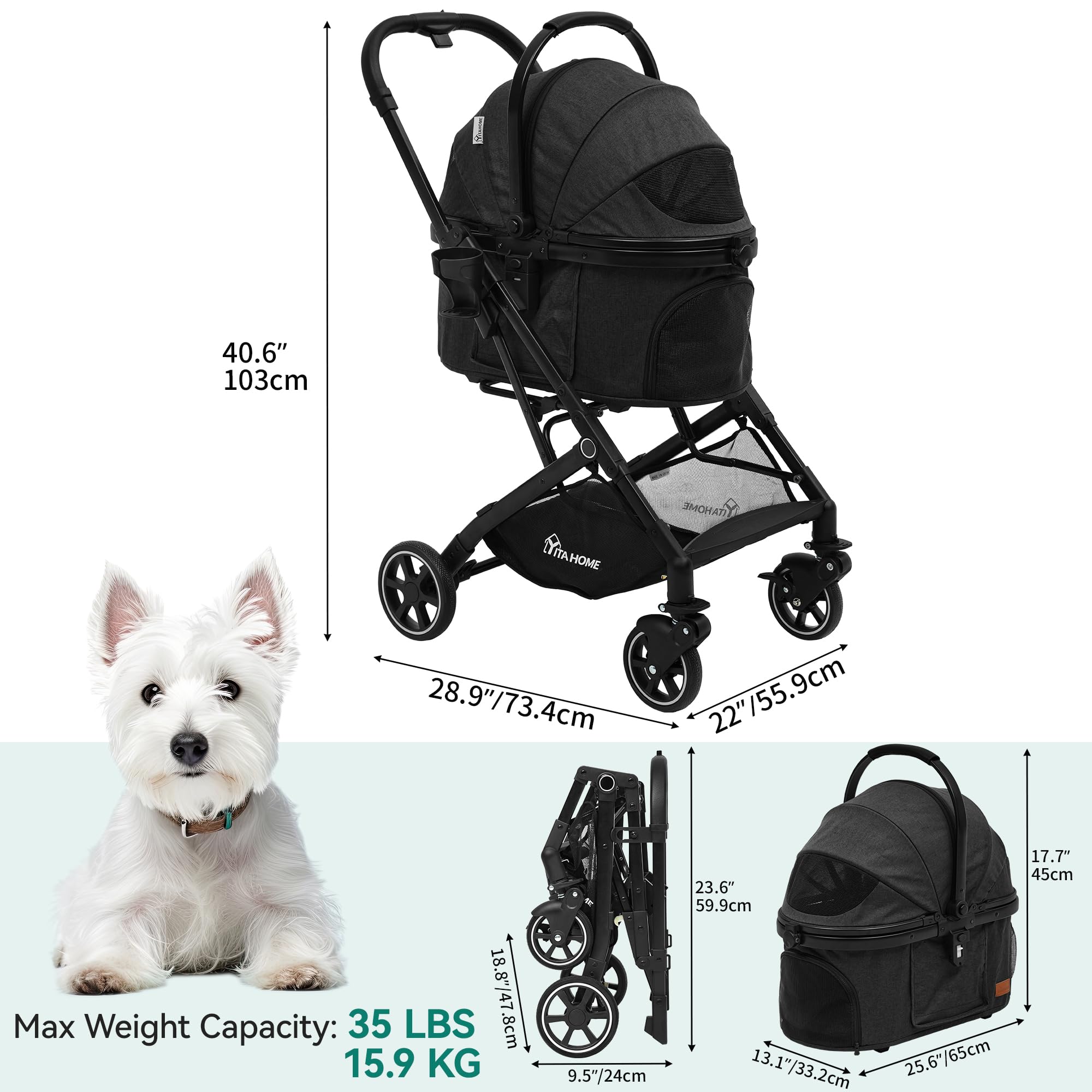 YITAHOME Hondenwagen, wandelwagen voor huisdieren, 3 in 1, opvouwbare