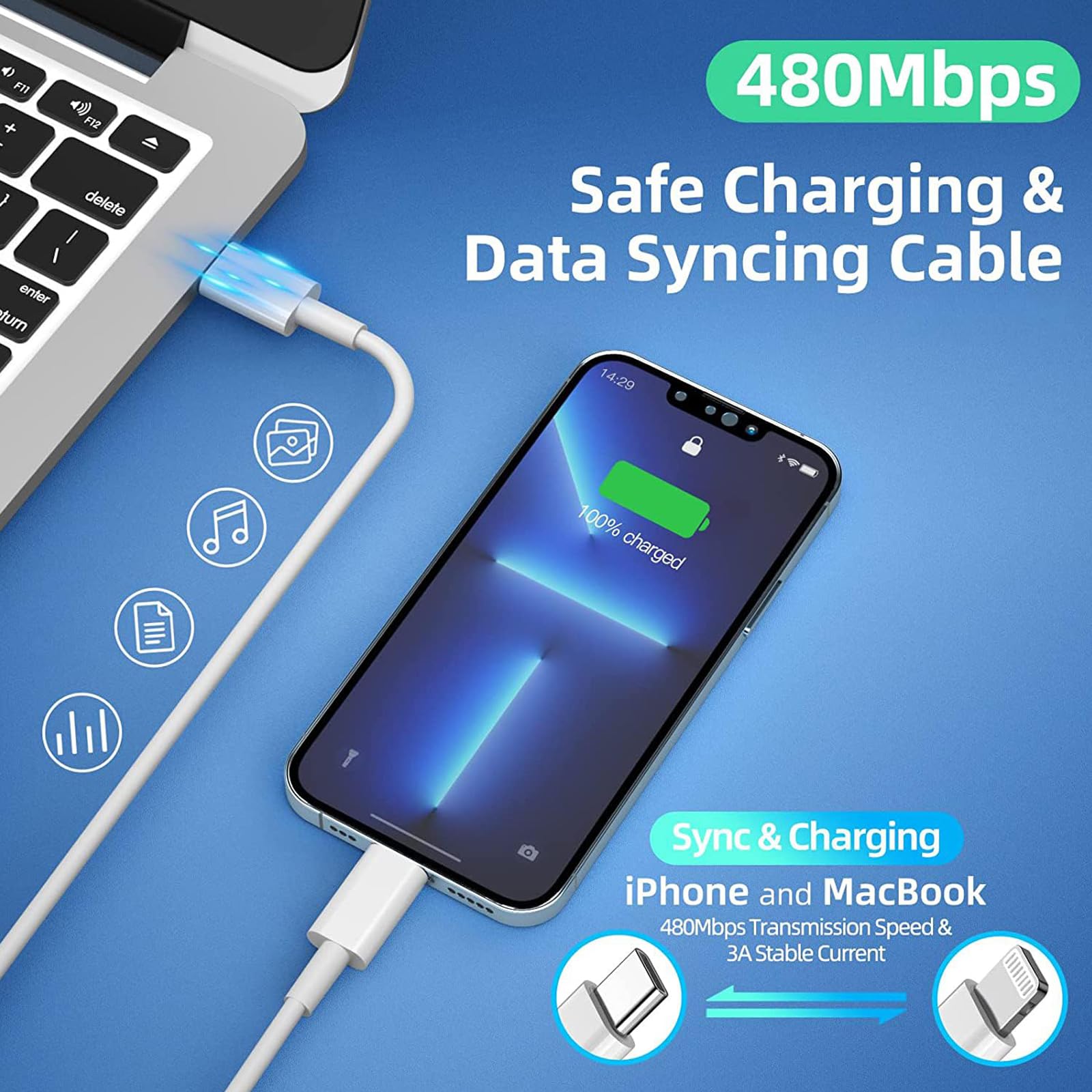 Caricabatterie rapido per iPhone, confezione da 3 pezzi, certificato MFi, blocco di ricarica rapida per iPhone, adattatore di ricarica rapida USB C, con cavo da USB C a Lightning da 3 m, cavo di