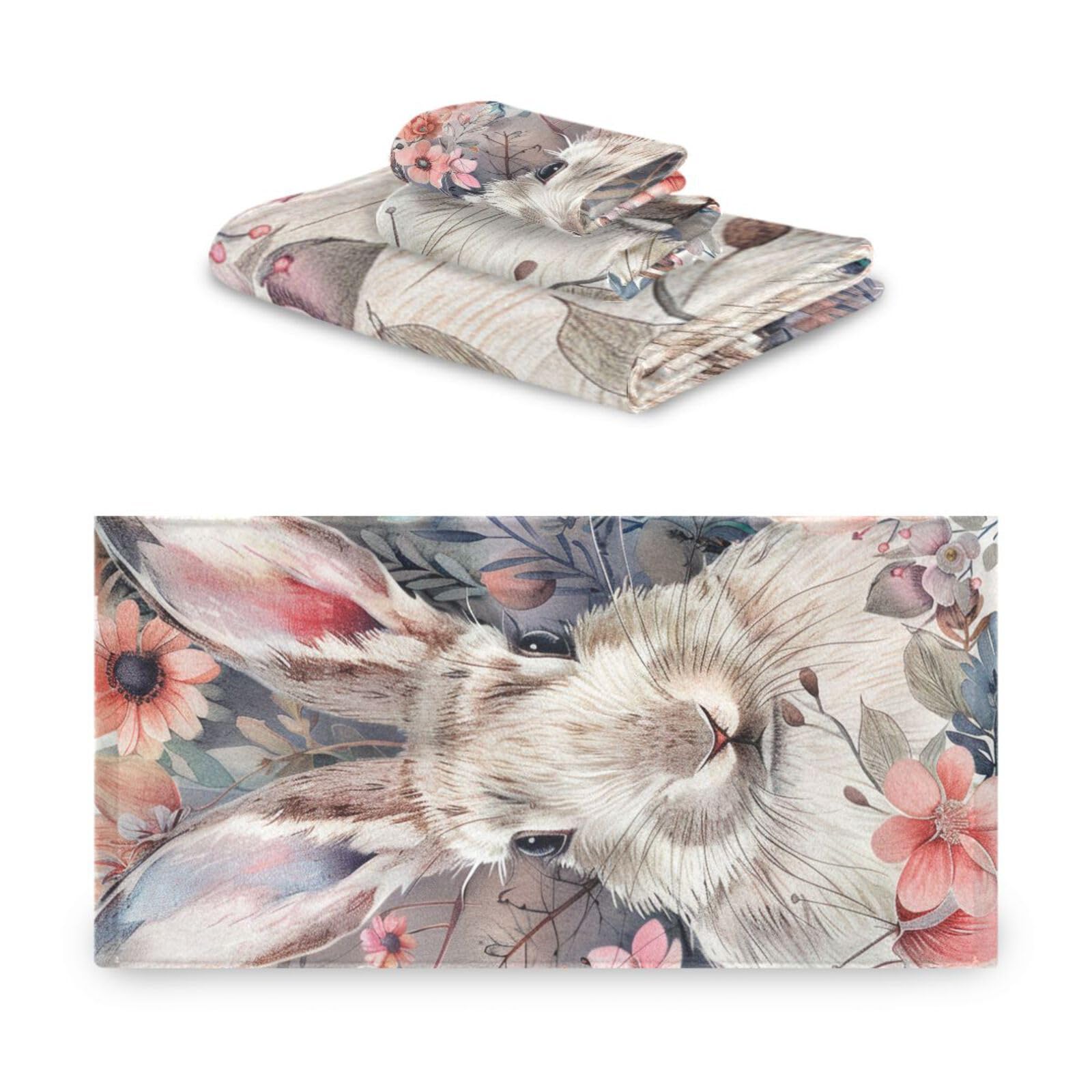 Handtuch-Set, Boho-Stil, Blume, niedliches Häschen, schnell trocknend, 3-teilig, 1 Badetuch, 1 Handtuch, 1 Waschlappen für Yoga, Badezimmer, Küche