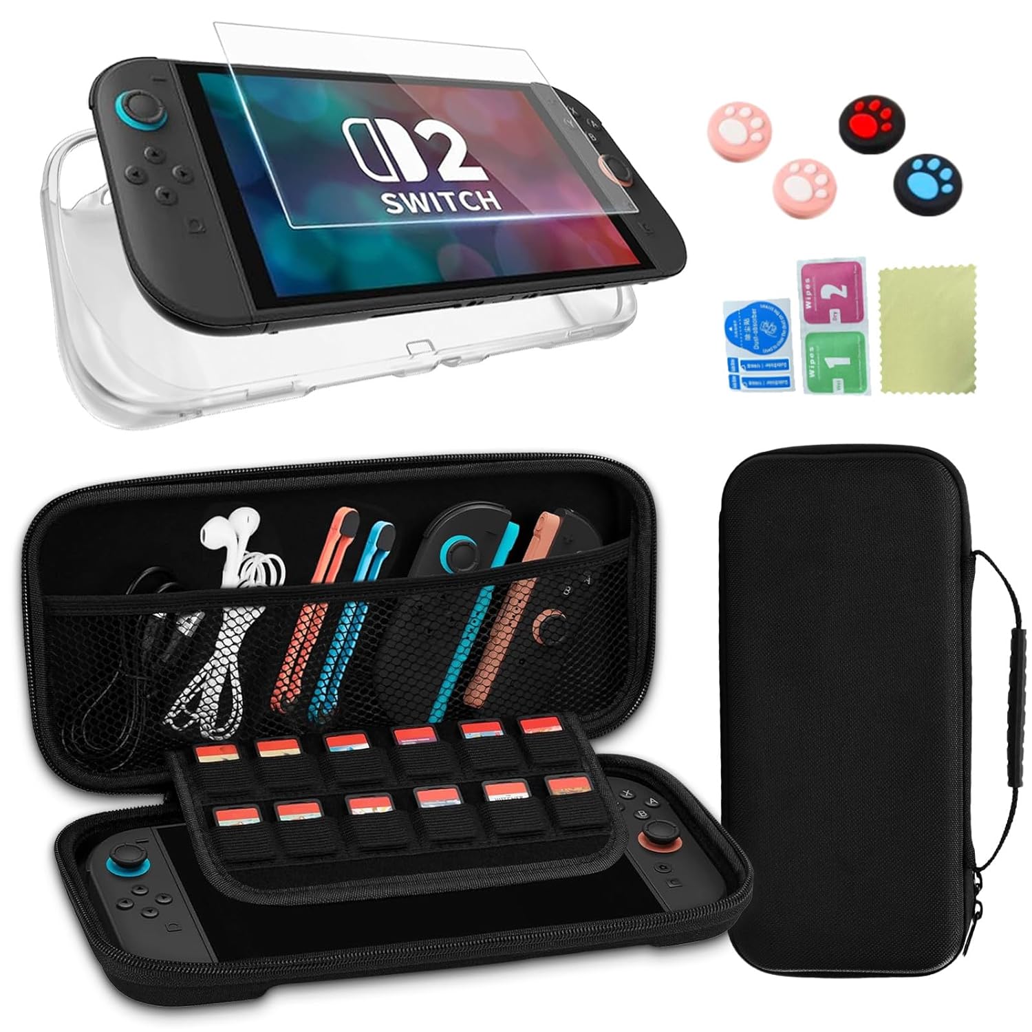 carrying case for nintendo switch 2, hard shell portable travel slim bag,accessories bundle kit for nintendo switch 2 accessories tpu case for switch 2,12 card slots,4x joystick cap,screen protector