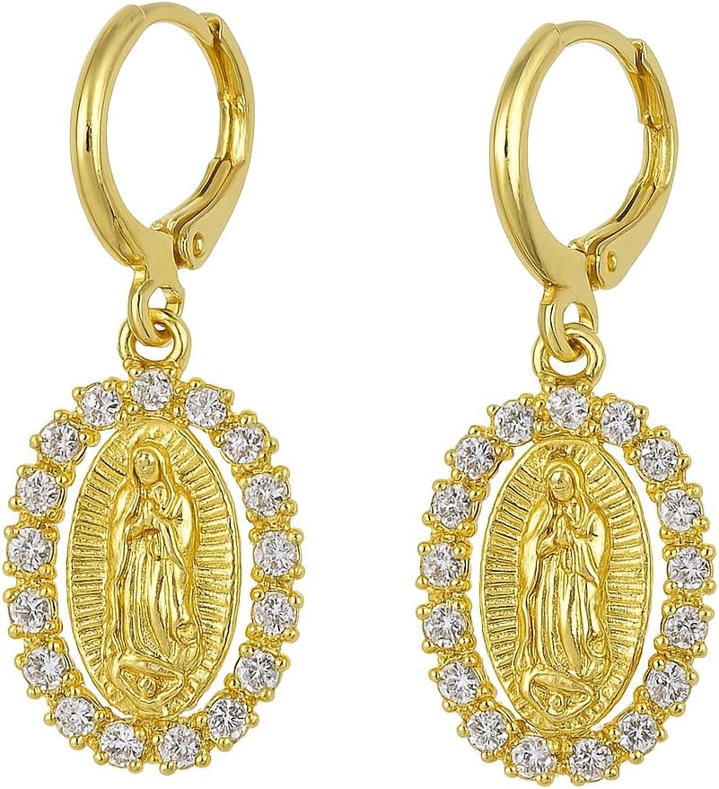 Our Lady of Guadalupe Earrings – Gold Virgin Mary Crystal Medal Dangle Earrings – Virgen de Guadalupe Religious Jewelry – Small Delicate Catholic Earrings Gift for Women & Teens