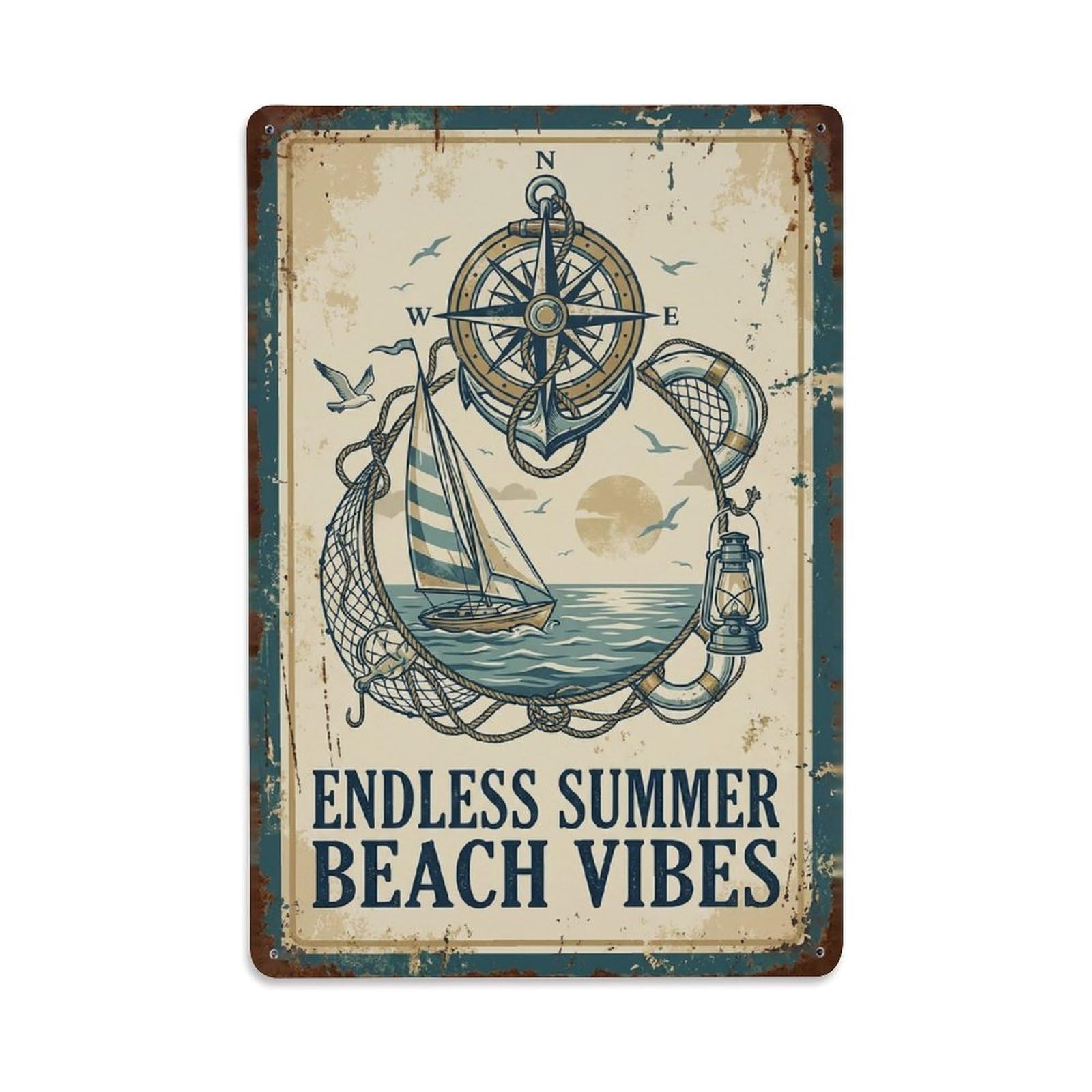 Okngb Style Quirky Beach Life Motto Summer Vibes Vintage Whimsical Metal Tin Sign Plaque Wall Decor For Cafe, Man Cave, Club Bar, Office, Home Garden Round Metal Poster 8X12inch
