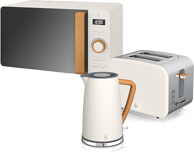 Swan Nordic Set Desayuno czajnik elektryczny 1,7 l 2200 W, toster na chleb z szeroką szczeliną, 2 kromki, kuchenka mikrofalowa 20 l, cyfrowy, nowoczesny design, efekt drewna, biały