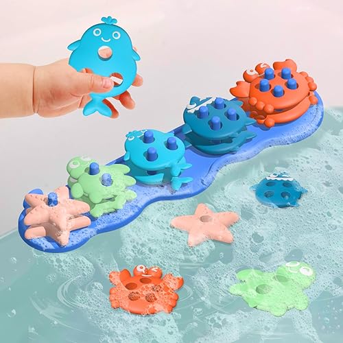 Miniatura 8 de Juguetes de baño para bebés, juego de juguetes de baño de silicona sin moho para clasificar y apilar con 20 piezas flotantes texturizadas, diseño