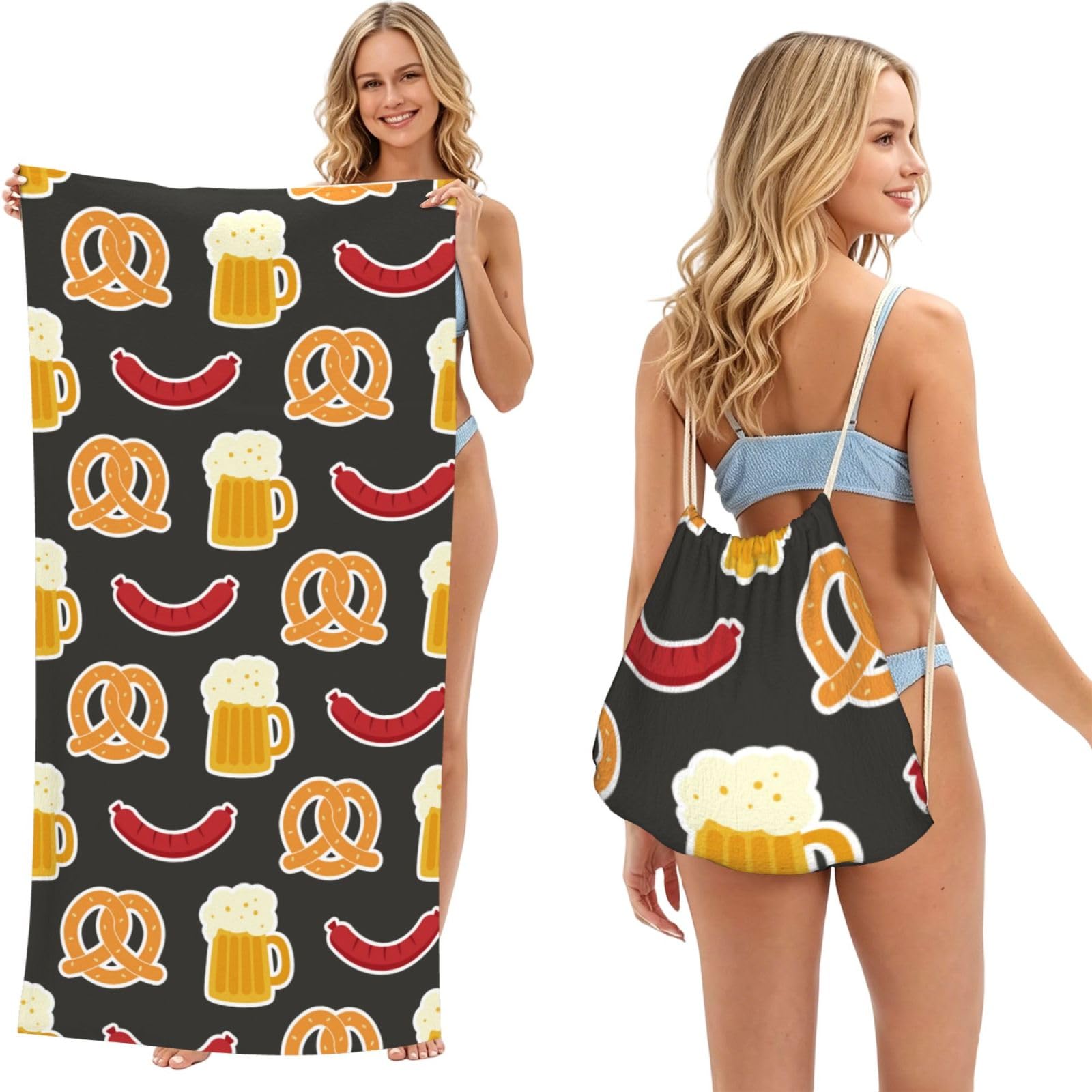 Poadnly As Picture Pretzel And Beer, 2 In 1 Packable Towel Bag, Beach Towels With Drawstring Backpack For Travel Holiday Camping