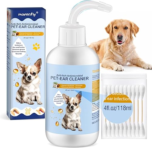Limpiador de oídos para perros y gatos, 4 onzas, tratamiento suave y no irritante para infecciones de oído para perros, alivio de picazón, gotas