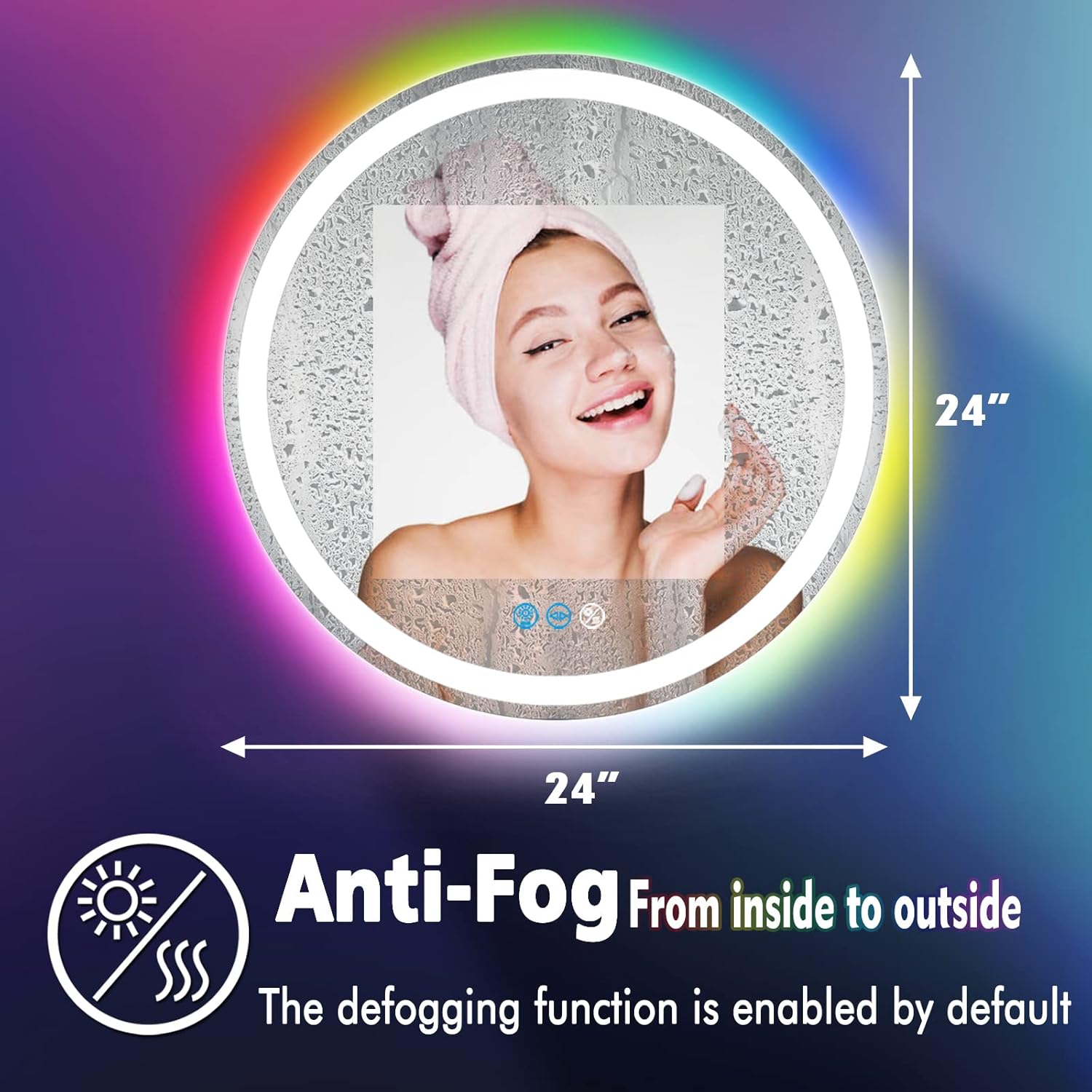 24 Inch Round LED Bathroom Mirror with Lights 3 Color+ Rainbow RGB 7 Color Changing Backlit Round Lighted Mirror for Bathroom Wall AntiFog 24 Mood Change Light RGB Smart Circle Round LED Mirror