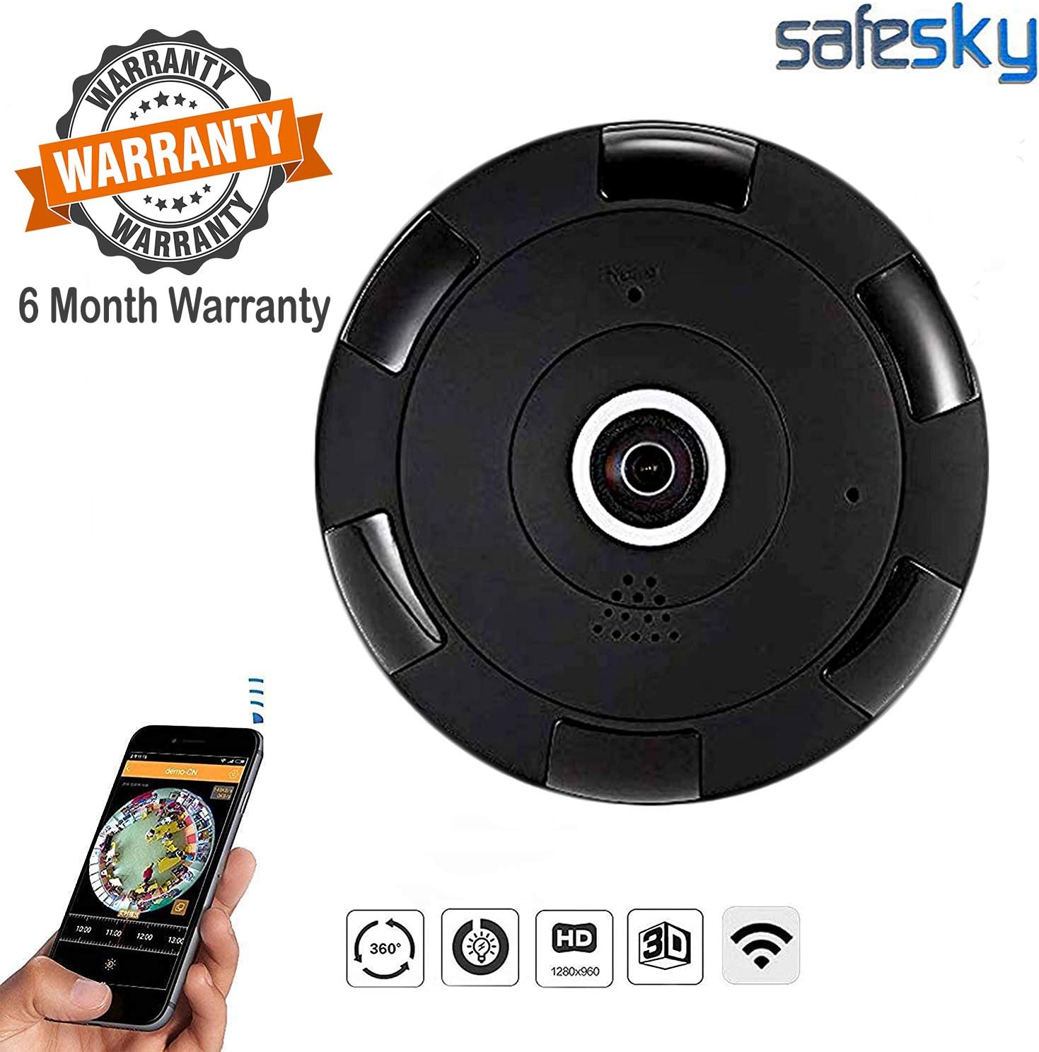 Safesky Wireless 360° Panoramic Camera with Night Vision 1.3MP Full HD (Support Up to 64 GB SD Card) (Black)