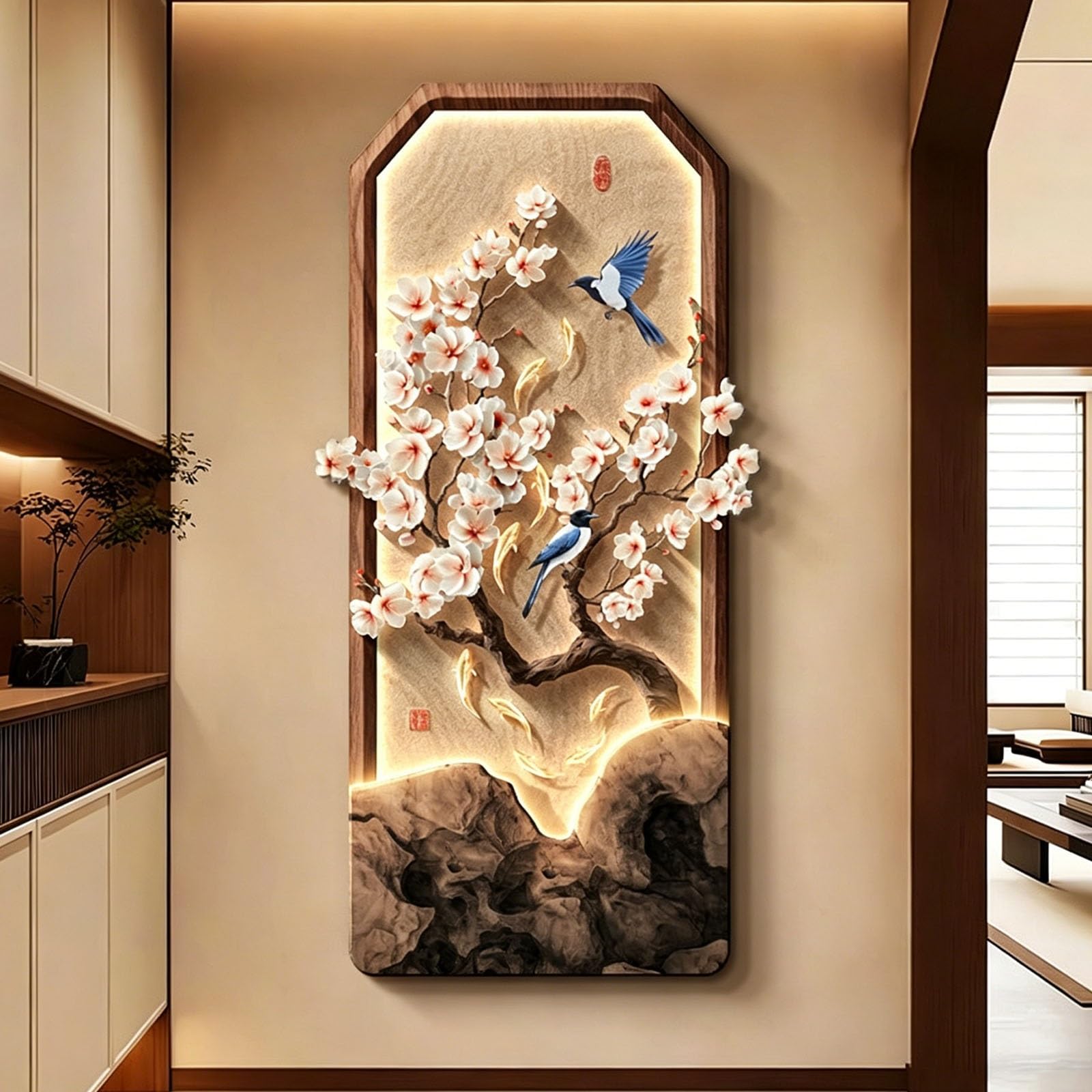 3D-Wandbild aus Sandstein mit LED-Beleuchtung, dekoratives Gemälde im chinesischen Retro-Stil für den Eingangsbereich, rahmenloses Wandbild mit Netzstecker, rahmenlose Wandgestaltung für das