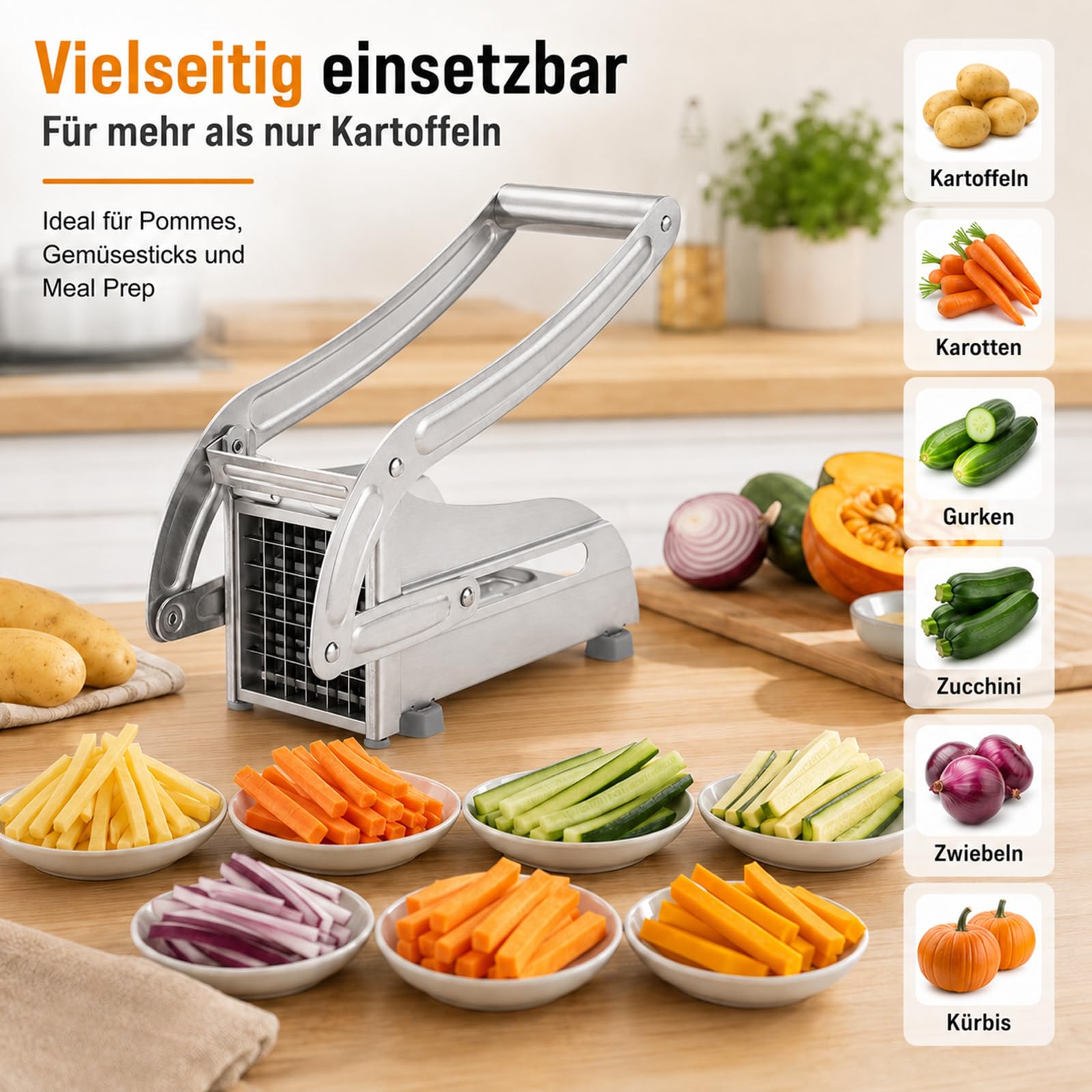Pommesschneider aus Edelstahl, Kartoffelschneider mit 2 Klingengrößen (36/64 Raster), Pommes Schneider Gerät mit Rutschfester Gummibasis, Pommes Maschine, Pommes Presse