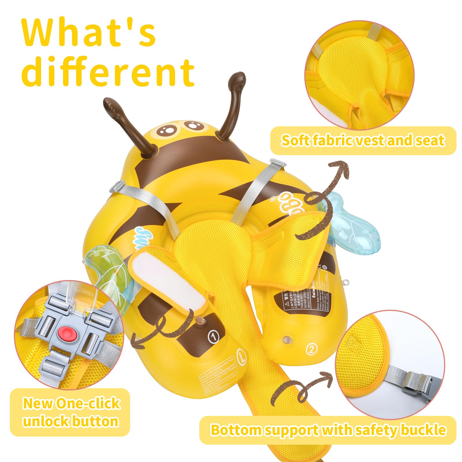 Free Swimming Baby Inflatable Baby Swim Float with Sun Canopy Size Improved Infant Pool Floaties Swimming Pool Toys for The Age of 3-36 Months(Yellow, Large)