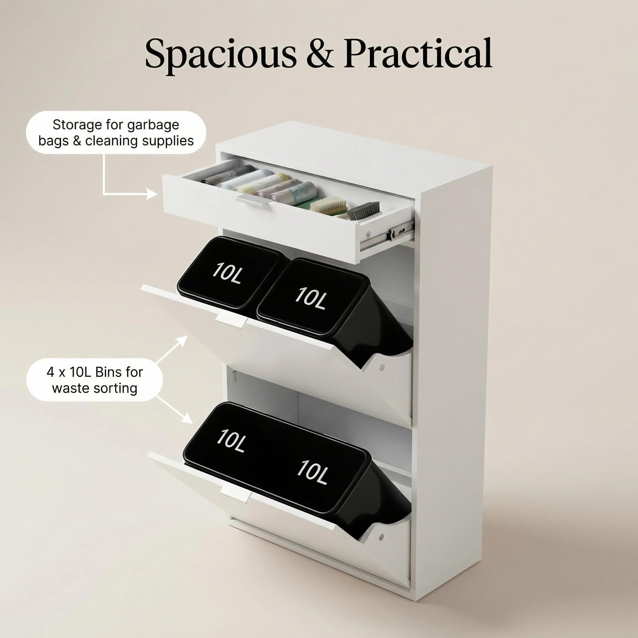 Mülleimerschrank Mülltrennsystem 4fach, Müllschrank Organizer für Küche, Abfalleimer Küche mit 4×10L, Mülleimer ausziehbar unter Spüle Alternative mit Schublade Weiß