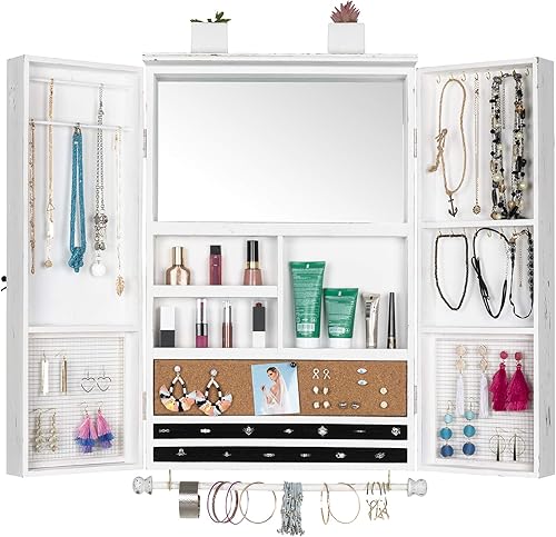 Organizador de joyas rústico grande montado en la pared con decoración de puerta de granero de madera Soporte de joyería para collares aretes