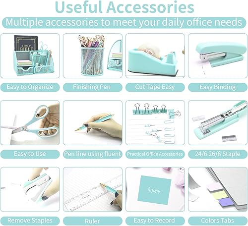 Miniatura 5 de Juego de organizadores y accesorios de escritorio verde 12 en 1, regalos verdes para compañeros de trabajo, suministros de oficina verdes que