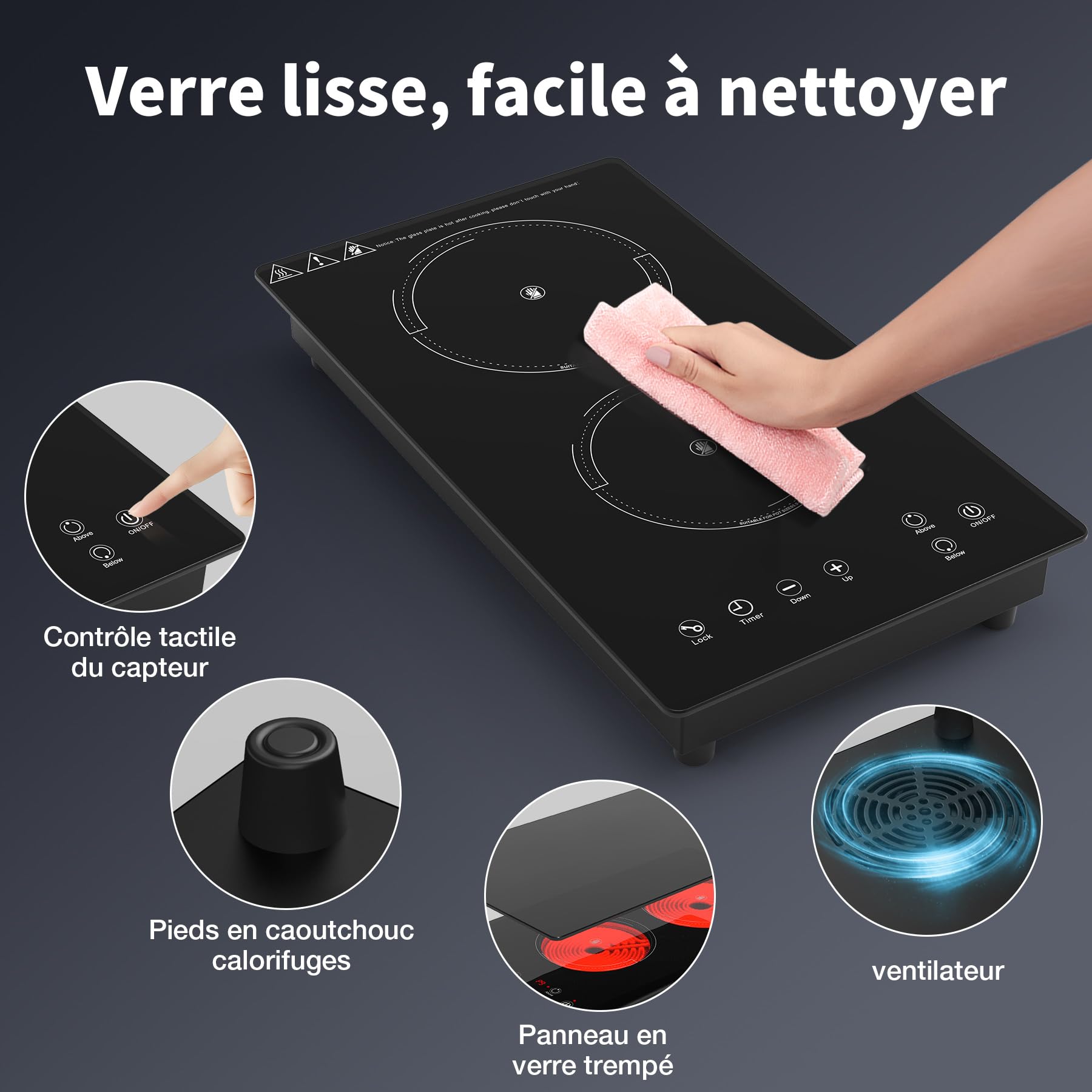 VBGK plaque de cuisson, 220V, 3000W, plaque vitrocéramique 2 feux avec commande tactile LED, 9 niveaux de puissance,Verrouillage enfant & Minuteur 4heures,plaque vitrocéramique 28.8 centimètre 2 feux