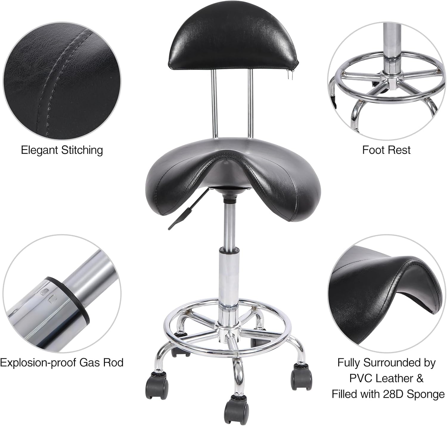 Saddle Chair with Back Support, 360° Swivel Adjustable Height Ergonomic Saddle Stool with Wheels for Tattoo Artist Dentist Home Office Use, Black