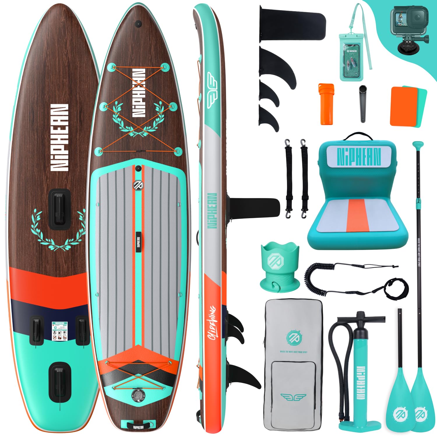 Niphean (Extra Groß) Stand Up Paddling Board, SUP für 2+1 Personen/Familien, SUP Board mit (Anfängergeeignet) Balancierflügel, wasserdichte Handyhülle, Stand Up Paddle Board for Adults, Geschenkideen