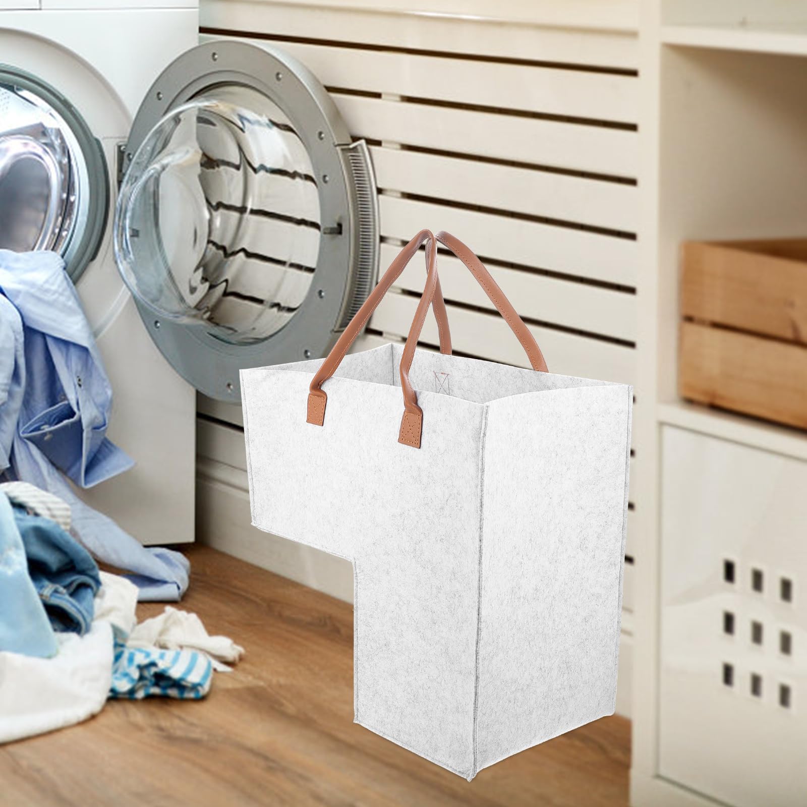 L-Shaped Felt Stair Basket with Handles, Versatile Storage Organizer for Laundry, Toys, and Household Items, Light Grey, 16.73 X 16.73 X 10.03 Inches