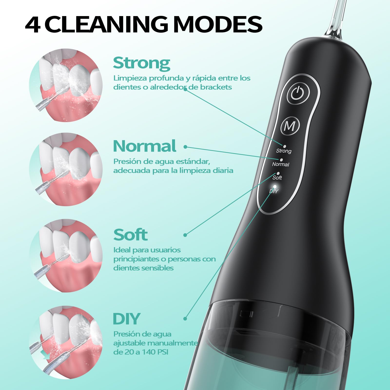 Irrigador Bucal Portátil Inalámbrico 300ml, OasiSmile Irrigador Dental Eléctrico con 5 Boquillas, 4 Modos + Modo DIY Ajustable, Memoria Inteligente, IPX7 Impermeable, USB-C Recargable, Casa y Viaje