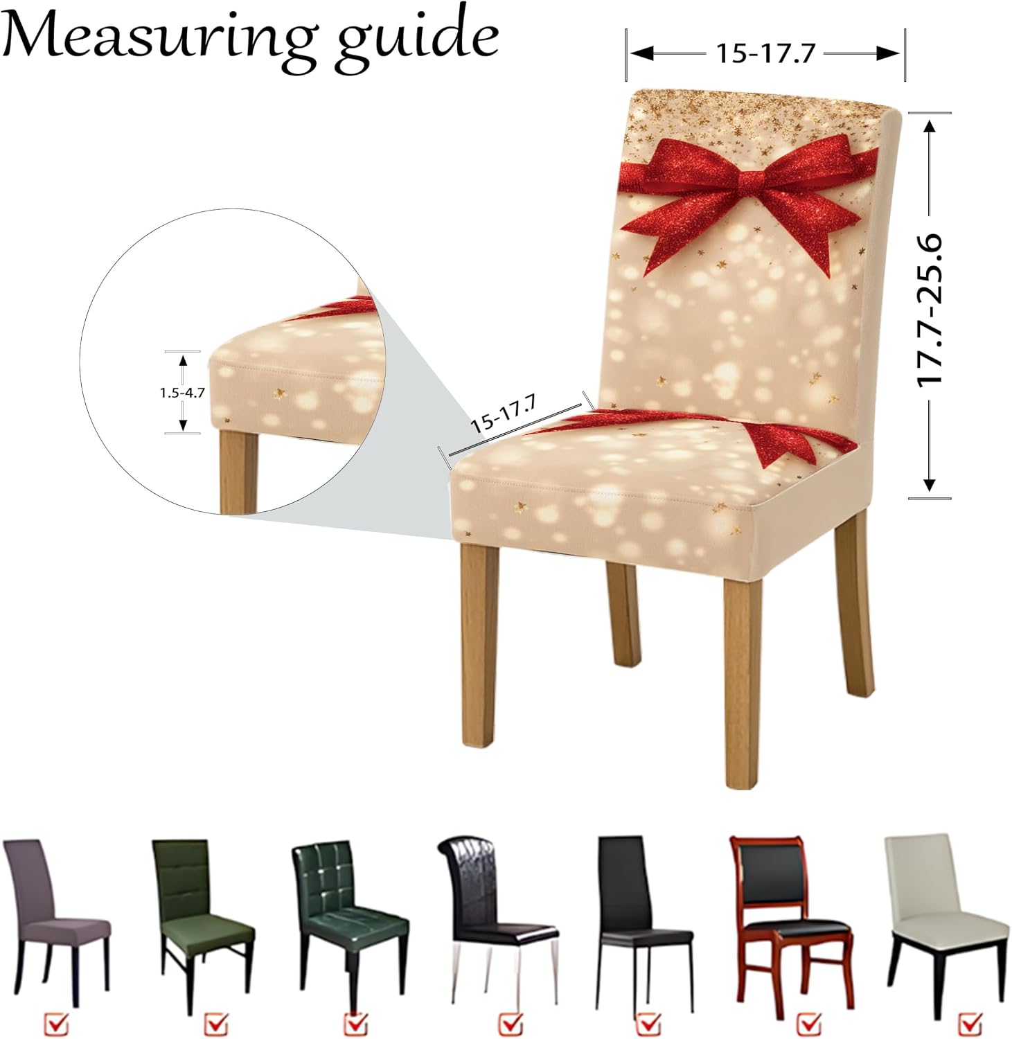 Red Bow Dining Chair Covers Set of 4 for Dining Room, Ivory Glitter