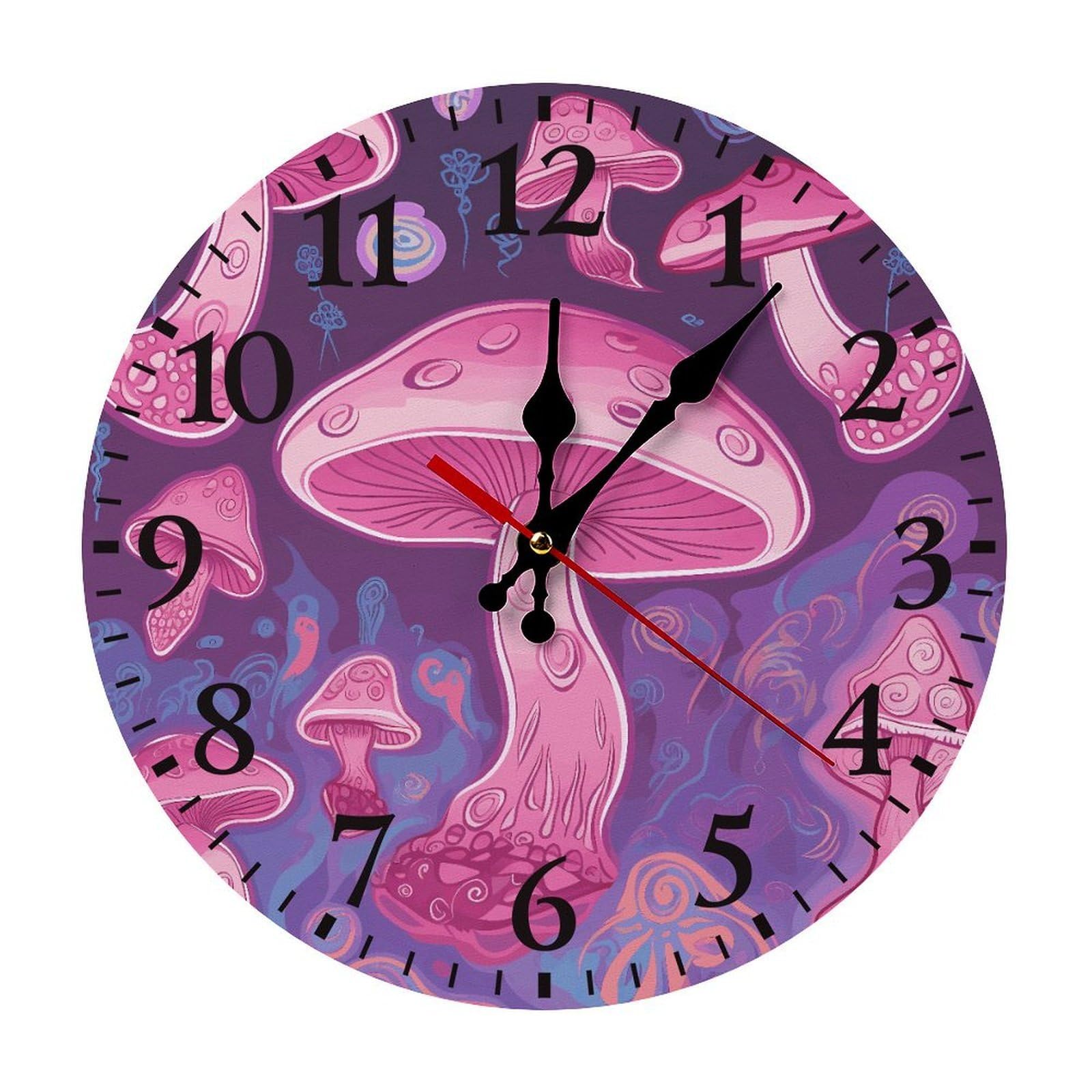 NTVOWPZO 10 Inch Wall Clock Pink Mushroom Battery Operated Wall Clocks Silent Non-Ticking Round Wall Clock for Living Room Kitchen Home Office Wall Decorative Clock