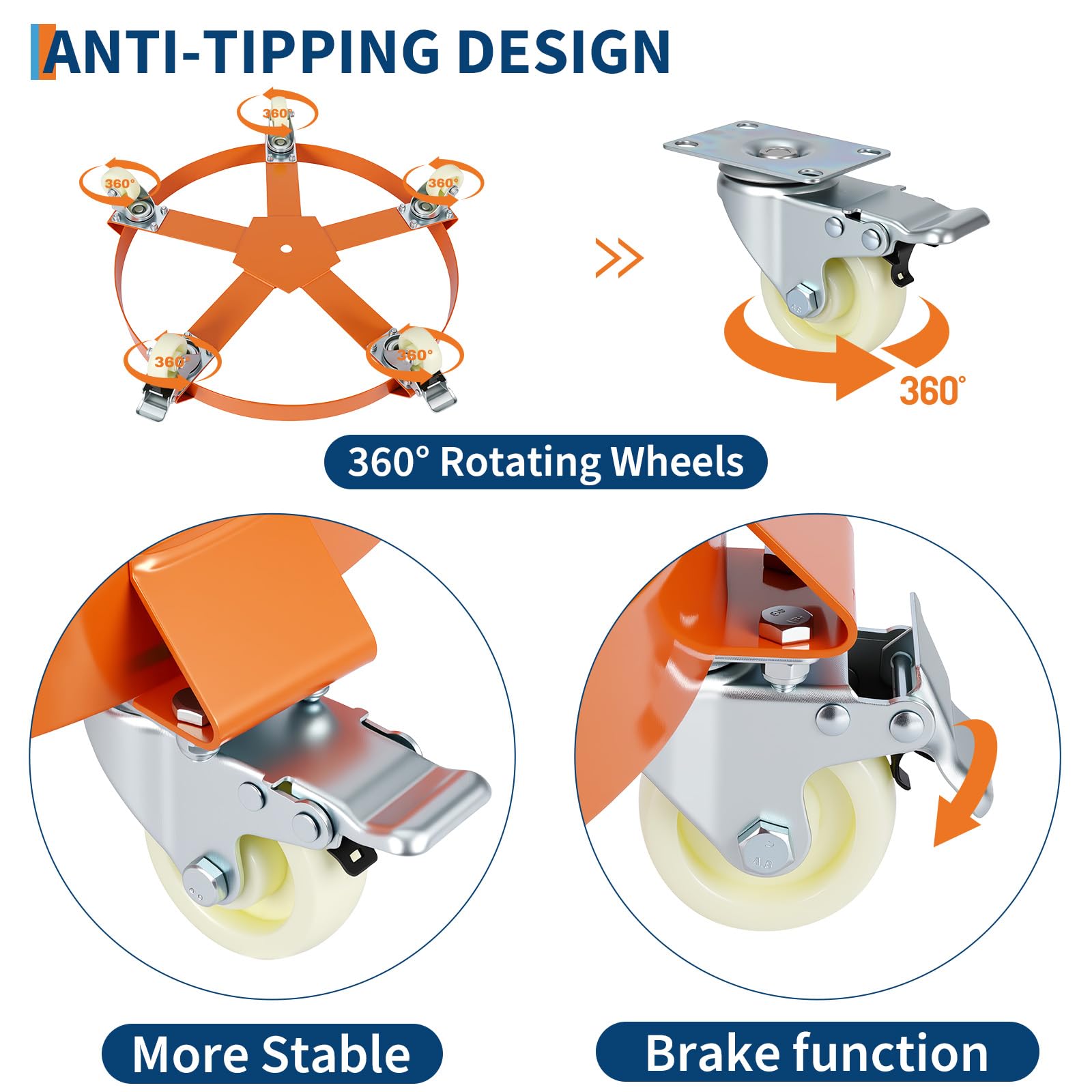 Garvee Fassroller,Rundes Rollbrett Aus Metall ø 64 cm,190L Transportroller Bis 1000 Lbs,Schwerlastroller Für Fässer,Pflanzenkübel,Blumentöpfe,Sonnenschirme Und Eimer,Mit 5 Universalrädern,Orange
