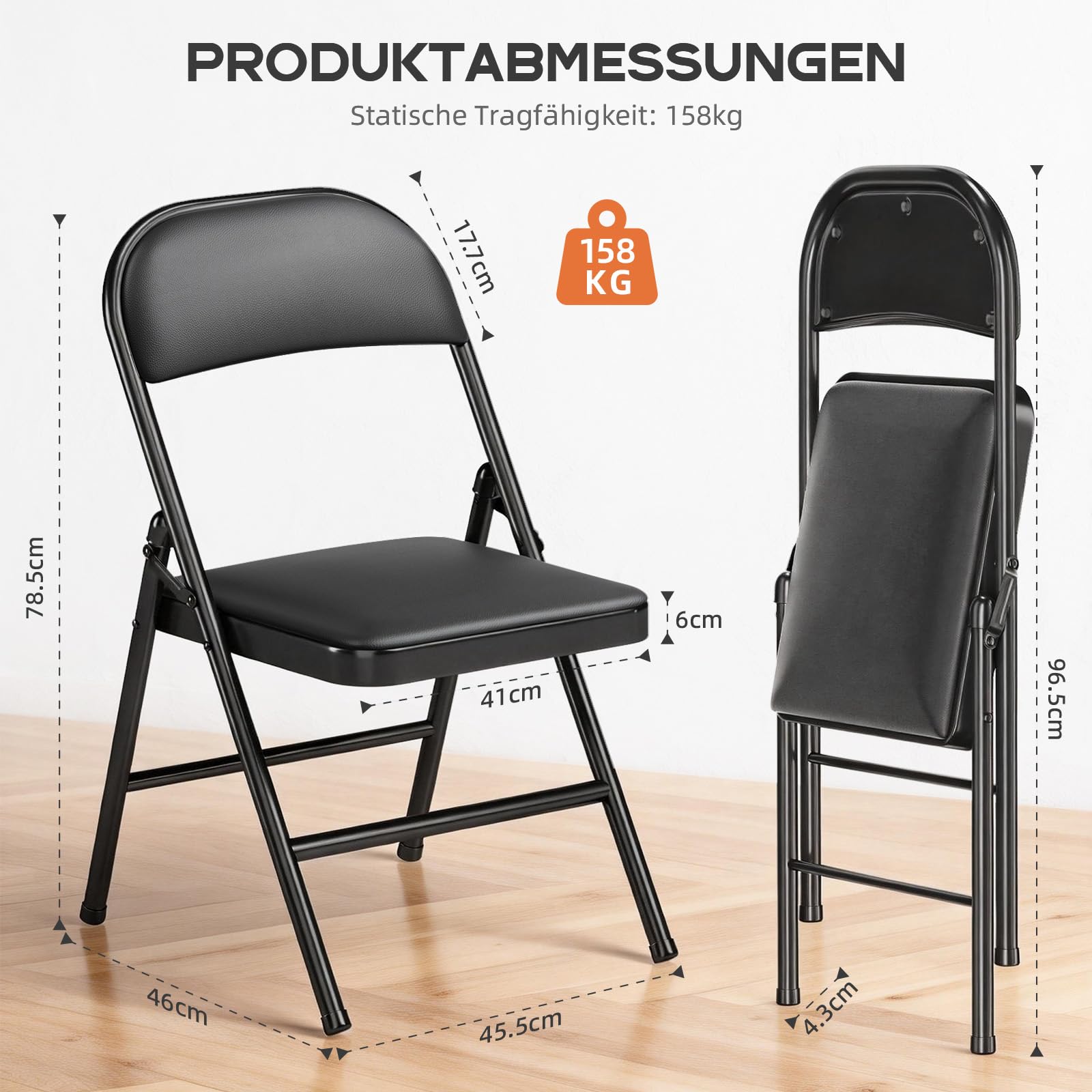 RUIE Chaises Pliantes Lot de 6 Cuir PU, Chaise Métal Rembourrée, Chaises pour Cuisine Bureau Camping Balcon Jardin Salle à Manger, Chaise Pliante Exterieur, jusqu'à 158Kg, Noir