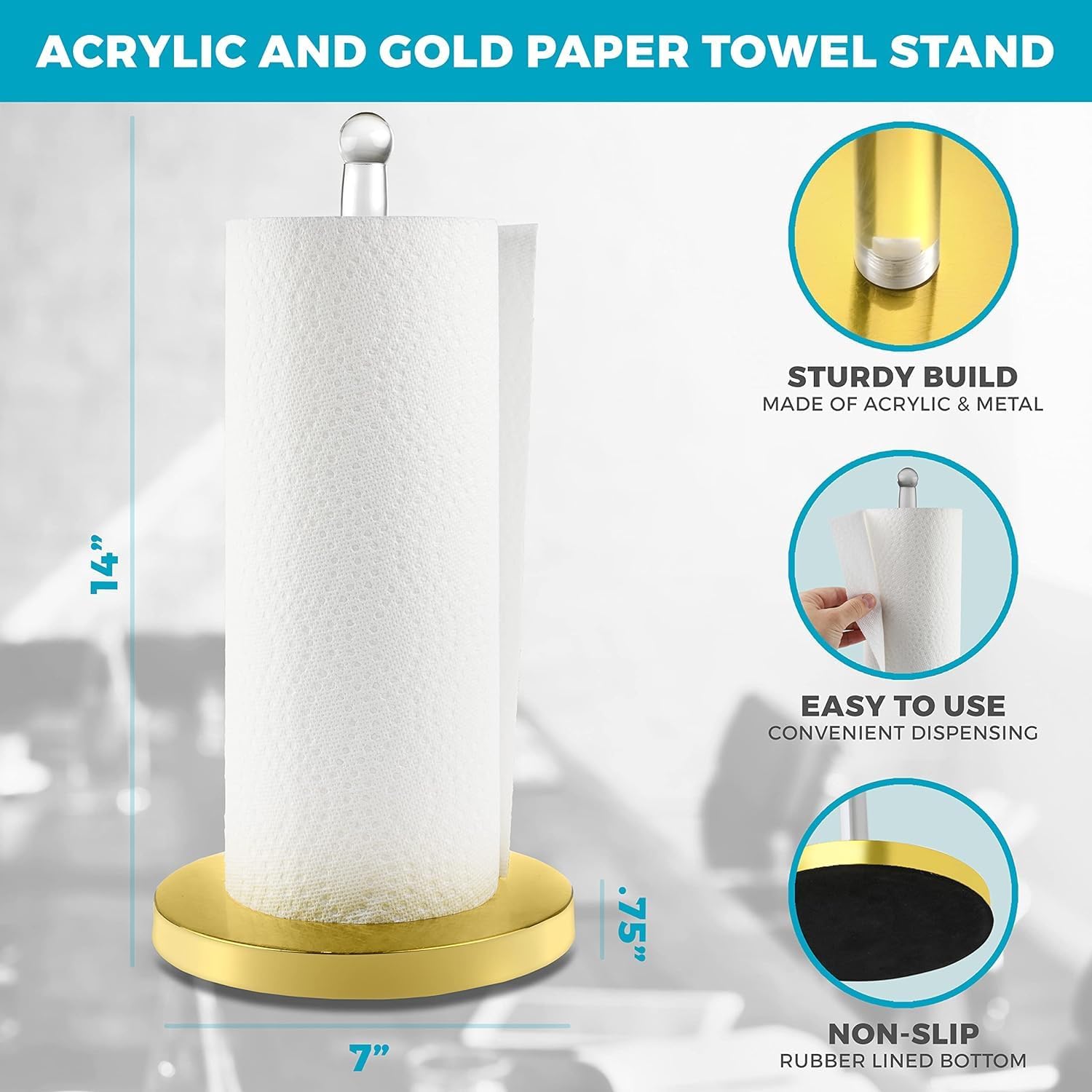 Modern Paper Towel Holder for Countertop, Acrylic and Gold Weighted Base Paper Towel Holder for Kitchen Countertop Decor