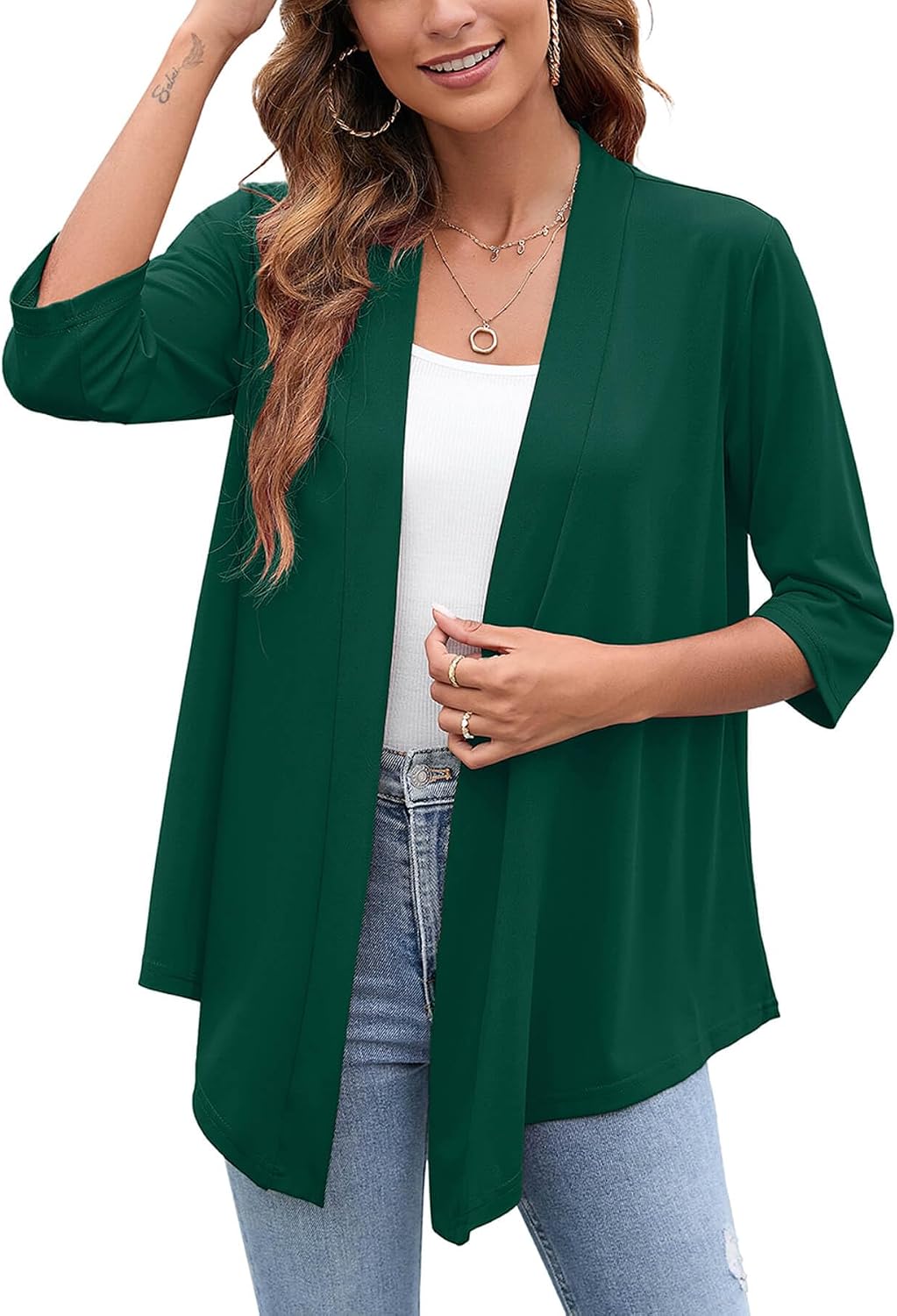 Heymoments Women's Lightweight Open Front Cardigans 3/4 Sleeve Casual Soft Drape Fall Cardigan S-2XL