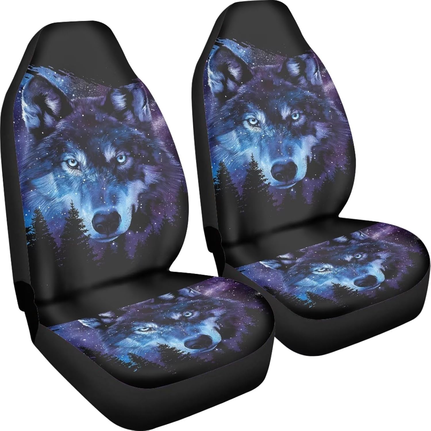Bulopur Galaxy Wolf Car Seat Cover Set of 2 Pack Auto Front Seat Protector Universal Driver Seats Cushion Pads Decorative Car Interior Accessories