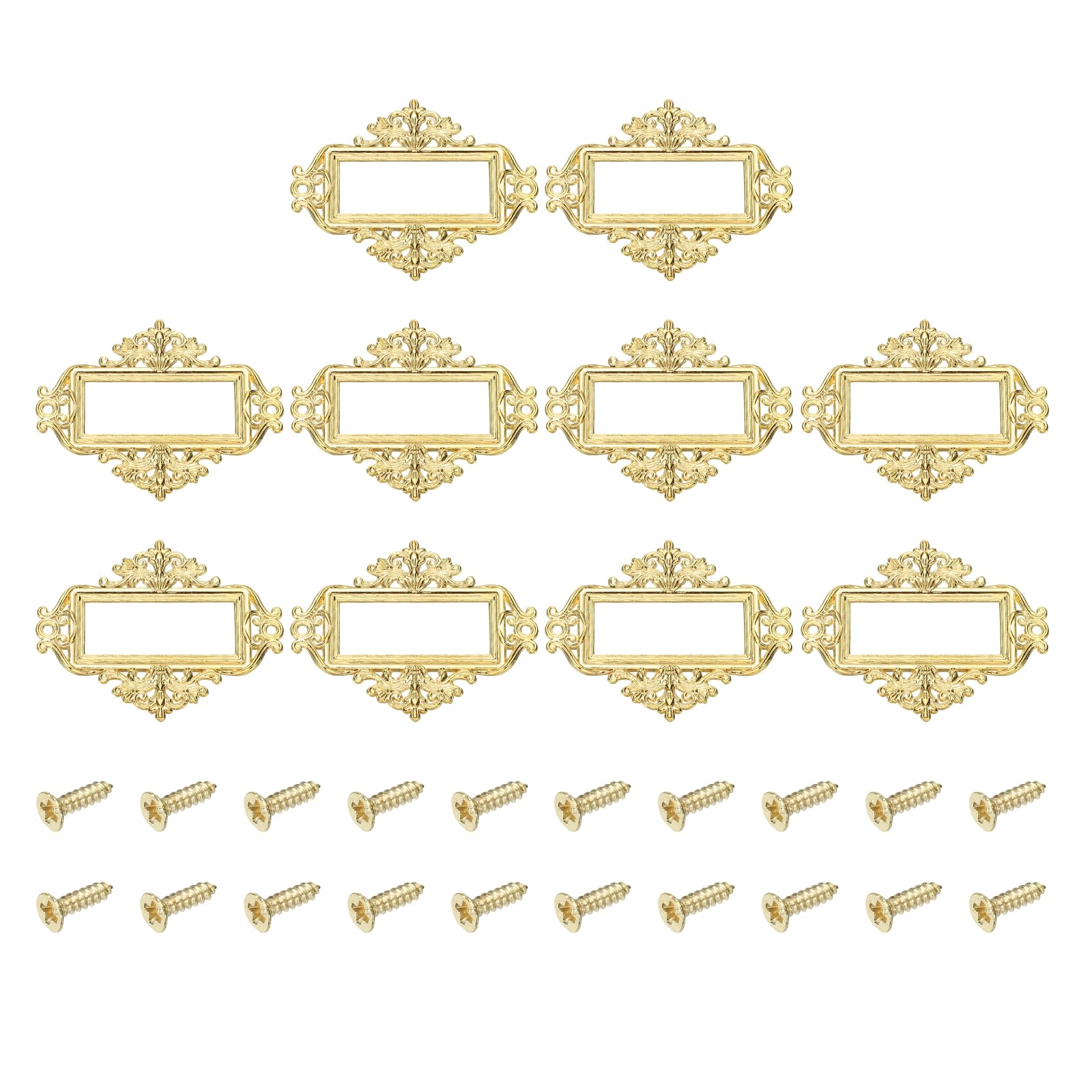 sourcing map 10 Pcs Metal Label Holder, 5.5x4.3cm Small Vintage Card Frame Tag Floral Lace Label Holder with Screws for File Boxes Drawers Door Cabinet Book Shelves, Gold Tone โ image 1