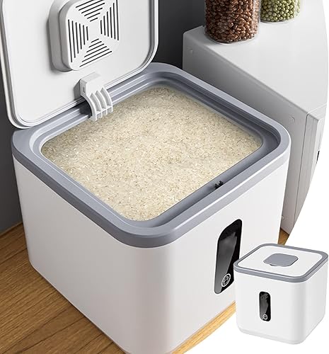 Bzdzmqm Dispensador de arroz hermético con tapa tapa abatible automática contenedor de almacenamiento de arroz grande con tapa dispensador de