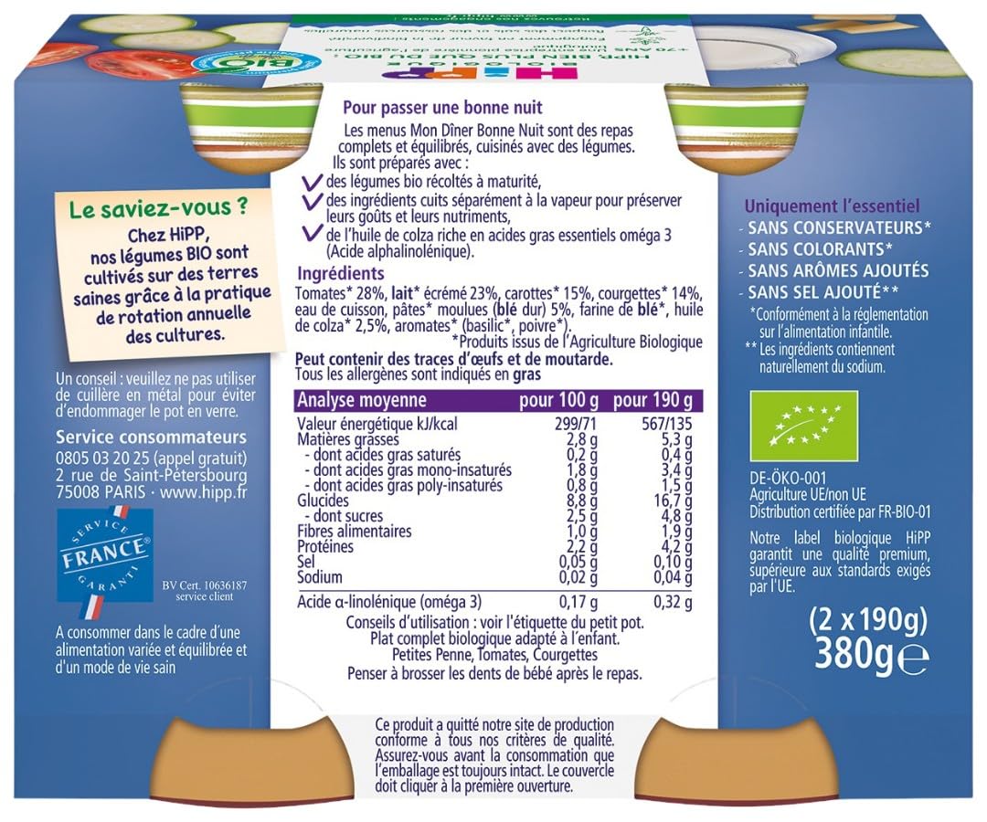 HiPP - Mon Dîner Bonne Nuit - Petites Penne Tomates Courgettes Dès 6 Mois 12 Pots de 190 g - BIOLOGIQUE
