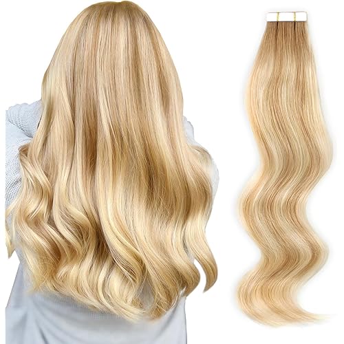 ABH AMAZINGBEAUTY HAIR Rooted with Highlights Tape in Hair Extensions Human Hair, 20 Pieces 50 Grams, Ash Brown Fading into Dirty Blonde with Platinum Blonde Highlights R8-12/60, 18 Inch